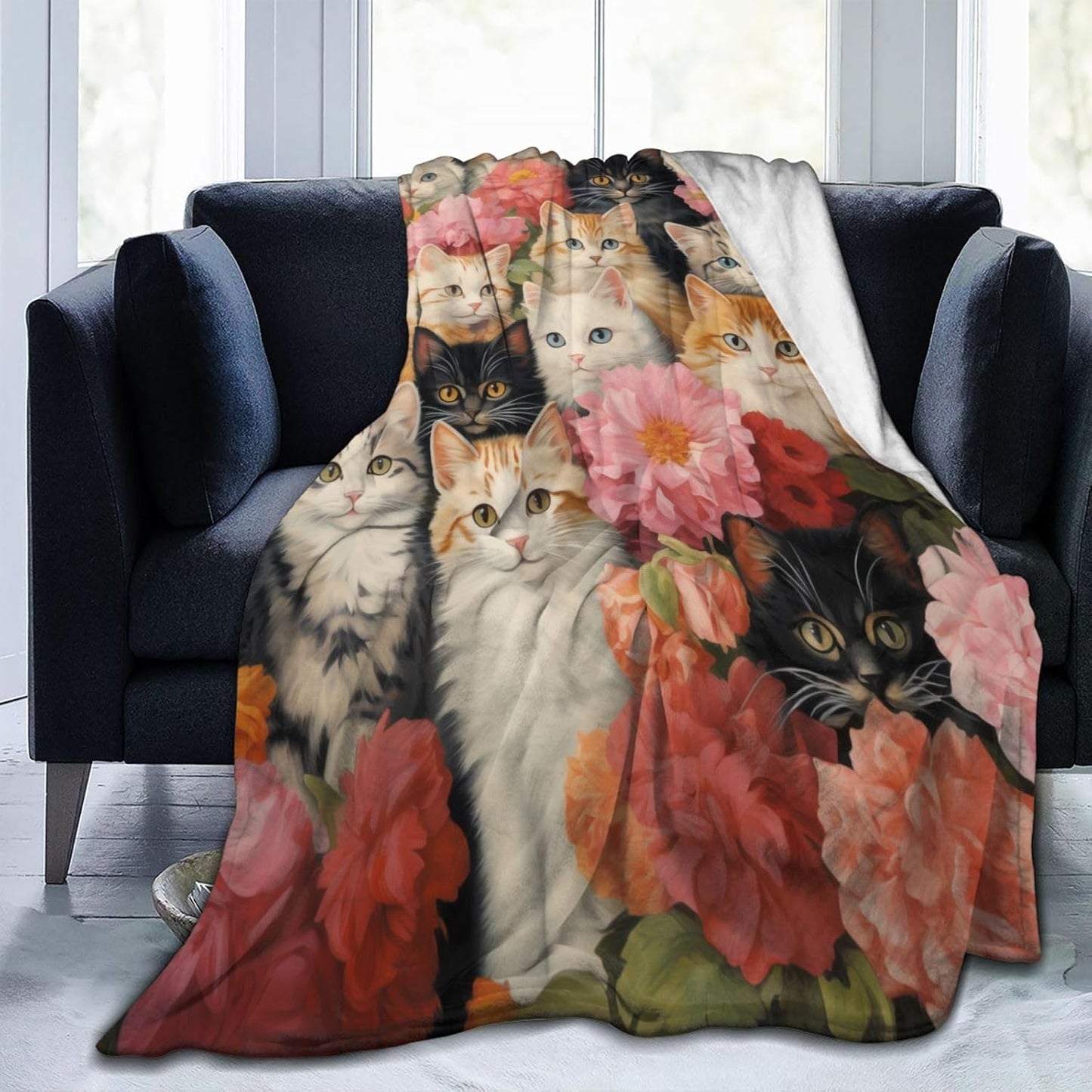 Cute Cat Blanket Gifts for Floral Lovers Girls Women Kitten Flower Flannel Throw Blankets for Home Couch Bed Sofa Soft Christmas Lightweight Decor All Season 60x50 Inches