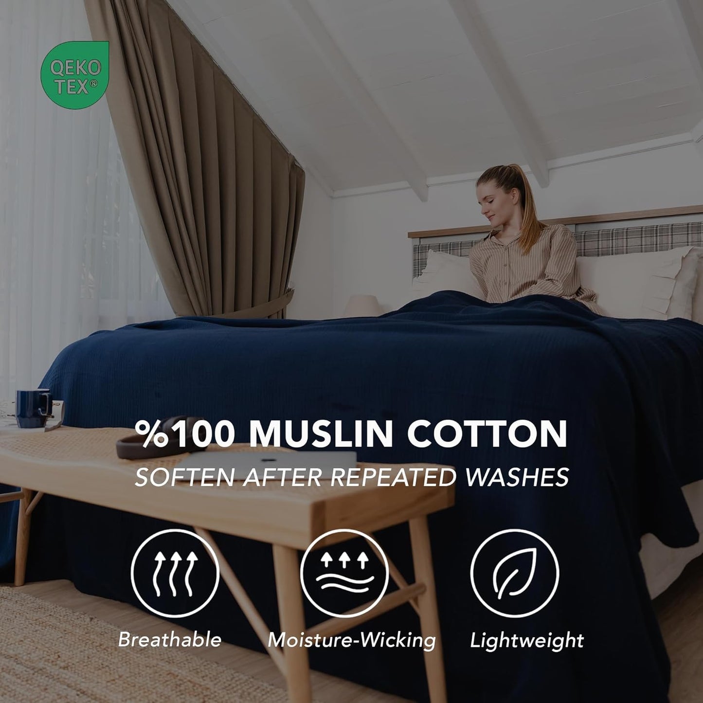 Goqan Throw Blanket 55x60 – 100% Turkish Cotton 4 Layer Boho Muslin Blanket for Adults, Four Season Blanket Lightweight and Thin, Soft, Breathable for Bed, Couch, Picnic - Navy