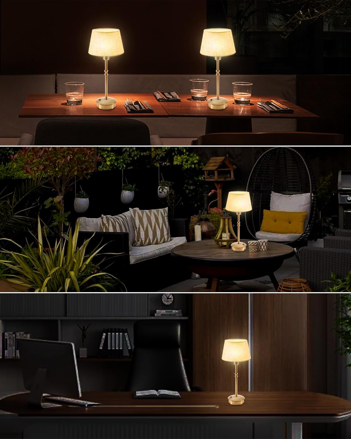 UMEXUS Small Cordless Lamp Rechargeable Table Lamps Set of 2, Dimmable Battery Operated Lights, Portable Accent Light for Side Table Restaurant Dining Outdoor, Beige Fabric Shade, Antique Brass