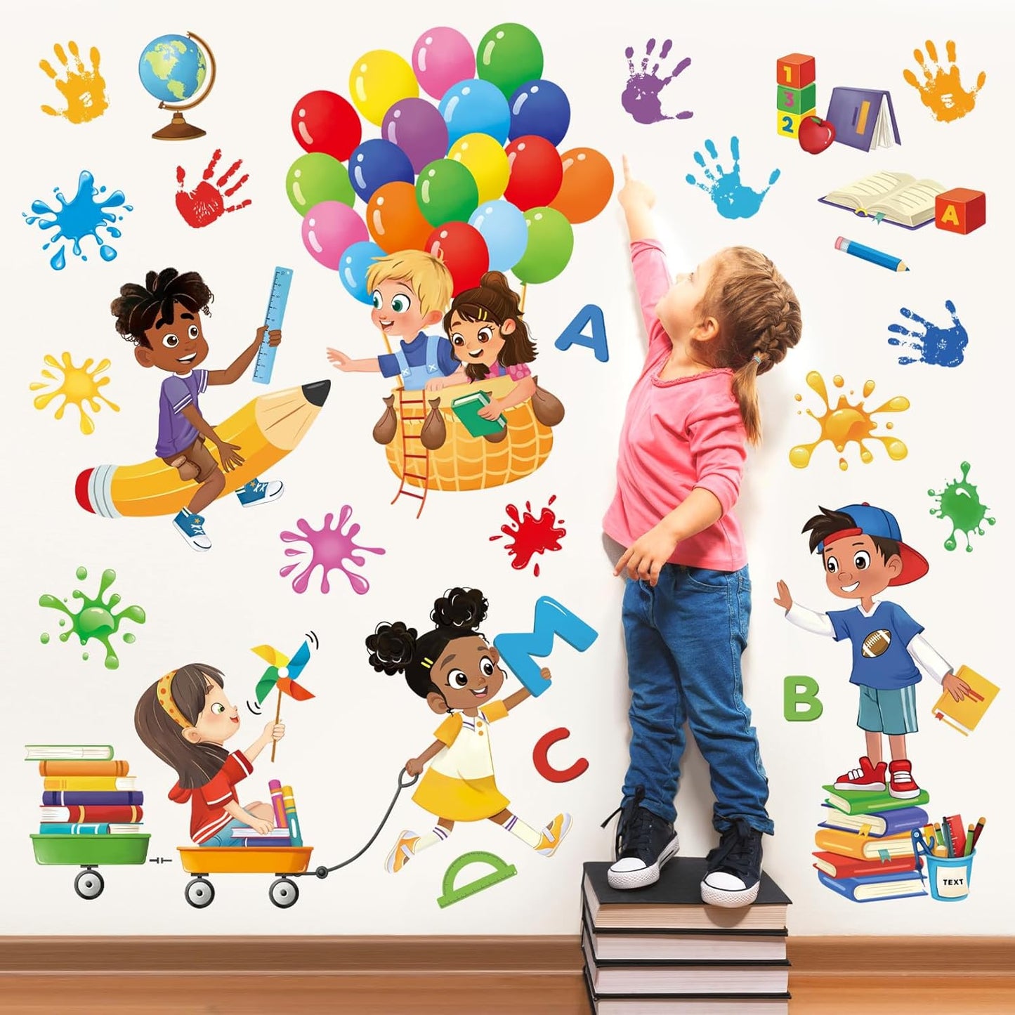 decalmile Reading Corner Balloon Wall Stickers Books Kids Handprint Educational Wall Decals Reading Room Study Room School Wall Decor