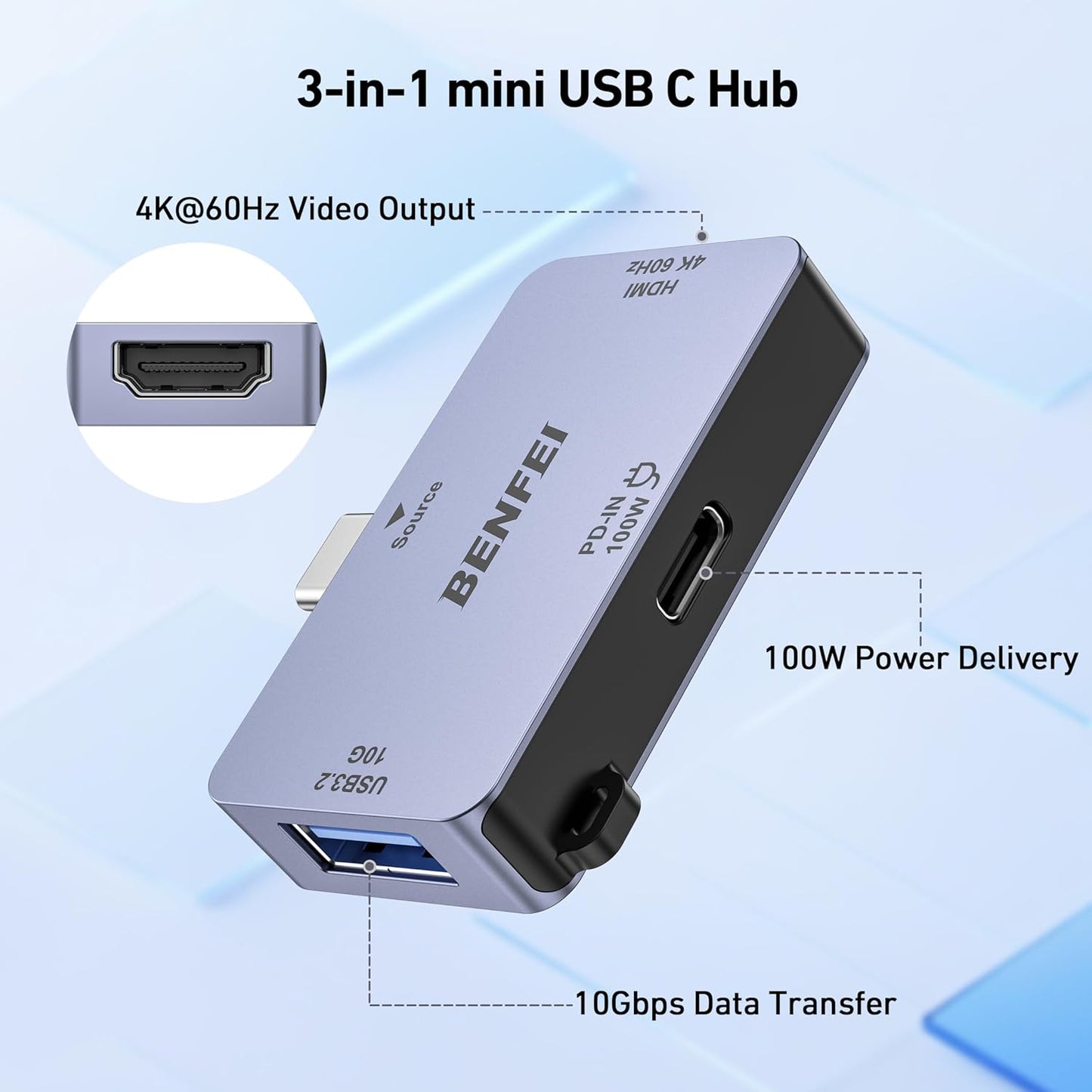 BENFEI USB C to HDMI 4K@60Hz, 10Gbps USB-A, 100W Power Delivery Compatible with iPad Pro, MacBook Pro/Air, iMac, iPhone 16/15 Pro/Pro Max, XPS, Thinkpad and More