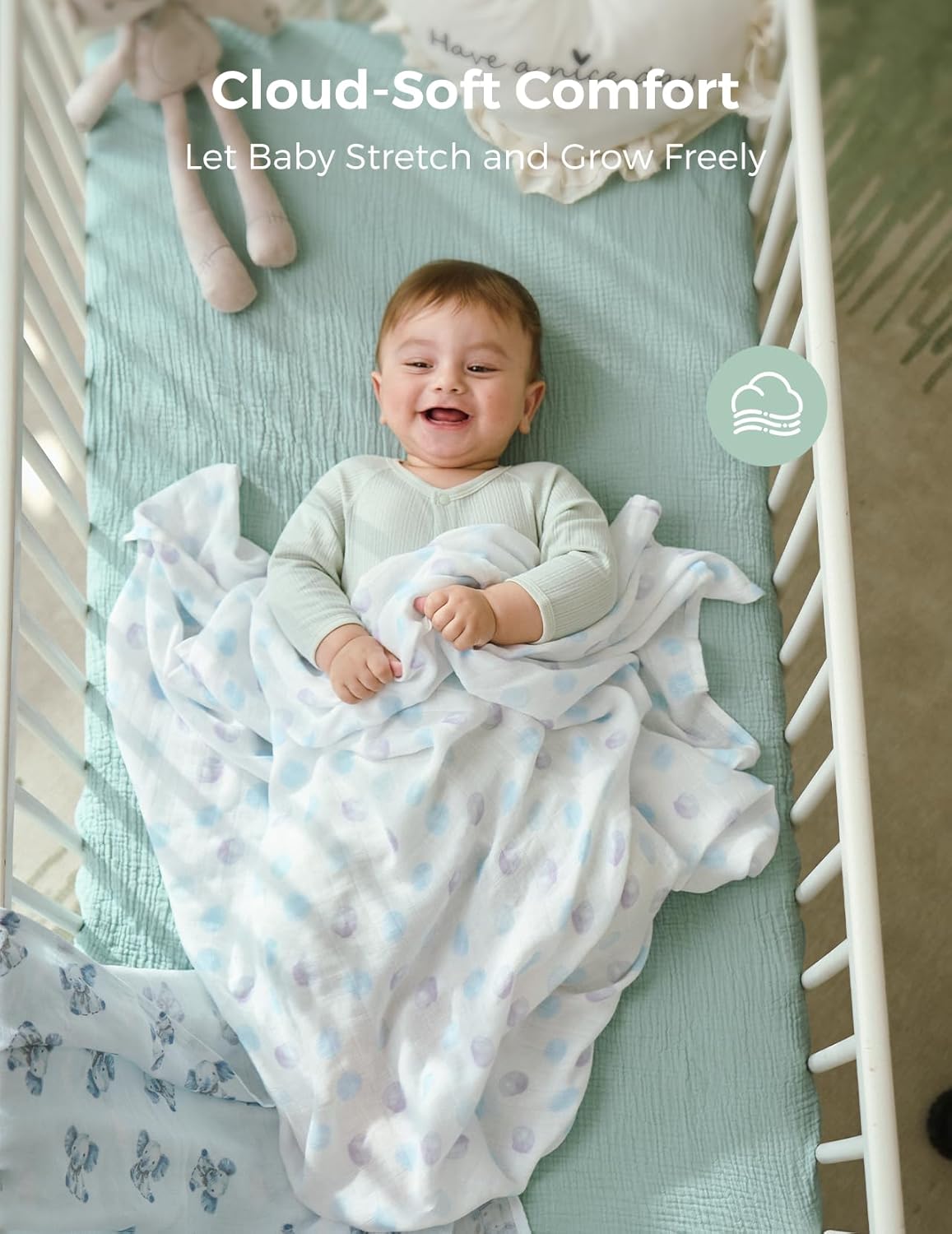 Momcozy Muslin Swaddle Blankets, Breathable and Skin-Friendly Receiving Blankets, Best Wishes Swaddle Blanket Shower Gifts & Baby Registry Essentials, Large 47"x47", Cuddle Buddies