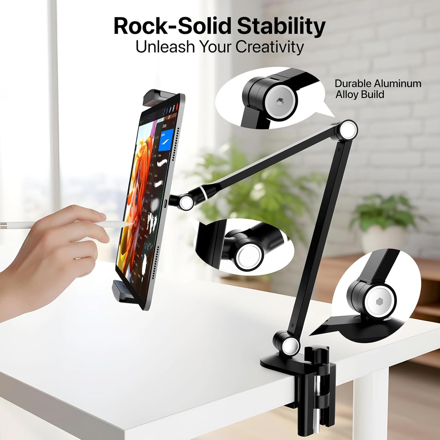 Tablet Stand Holder-Adjustable iPad Desk Mount with 360° Rotating Base for 6.3-16" Devices-Foldable Aluminum ipad Arm Mount for Desk,Bed,Kitchen-Compatible with iPhone,iPad,Tablet,Portable Monitor