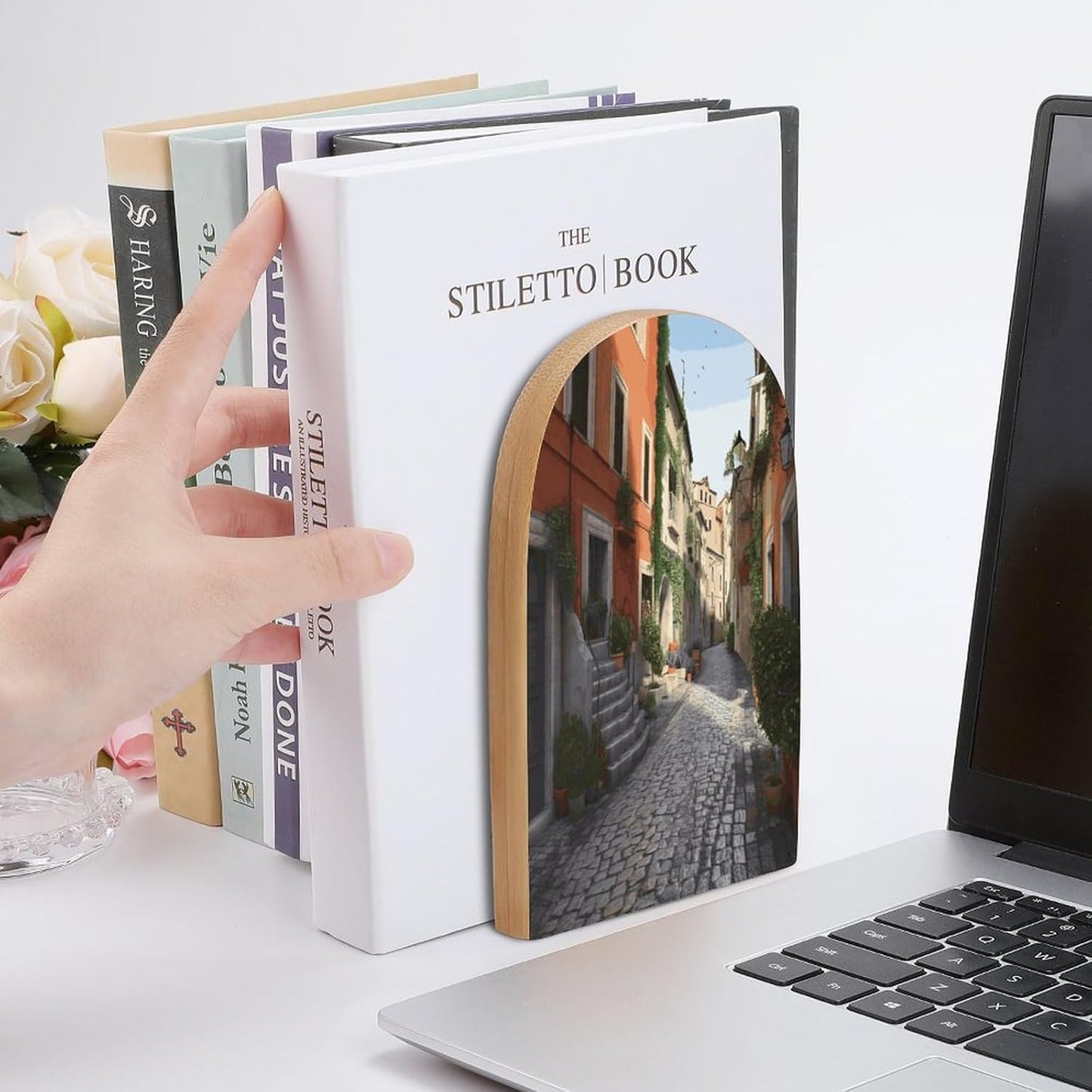 Street of Italy Bookend for Shelves Wooden Book End Large Size Sturdy Book Holders Stoppers with Metal Base for Bookshelves Slick Decorative Bookends Stands