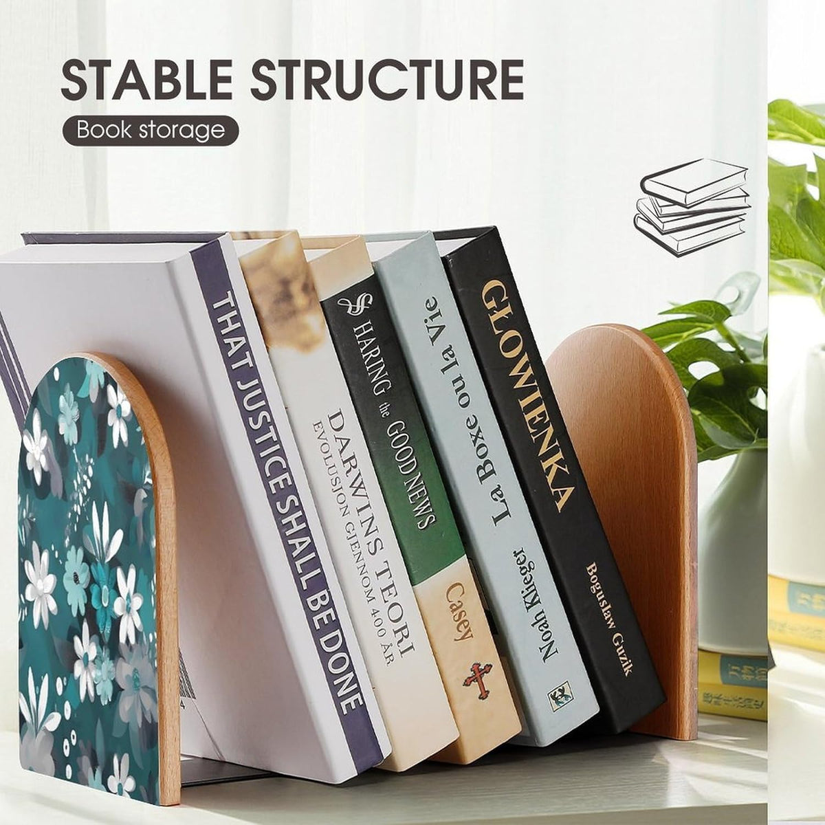 Non-Slip Bookend for Shelves Teal Grey and White Floral Wooden Bookends with Metal Base Decorative Book Stopper for Home Heavy Duty Wood Book Storage for Books/CDs