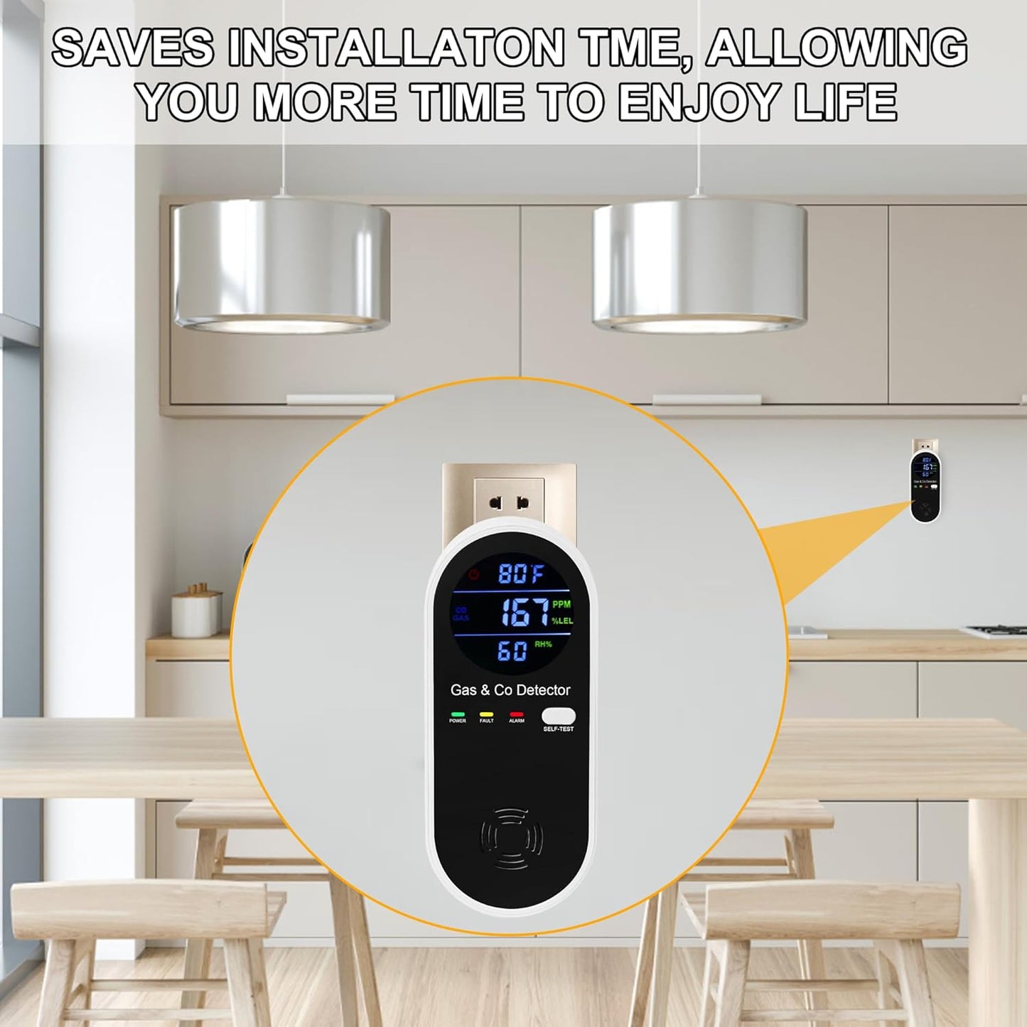 2 Packs Combination Natural-Gas and Carbon-Monoxide-Detector,Koabbit 4-in-1 CO/LPG/LNG Explosive Gas Detector Alarm with Temperature(°F) & Humidity for Home,RV,Hotel,Apartment