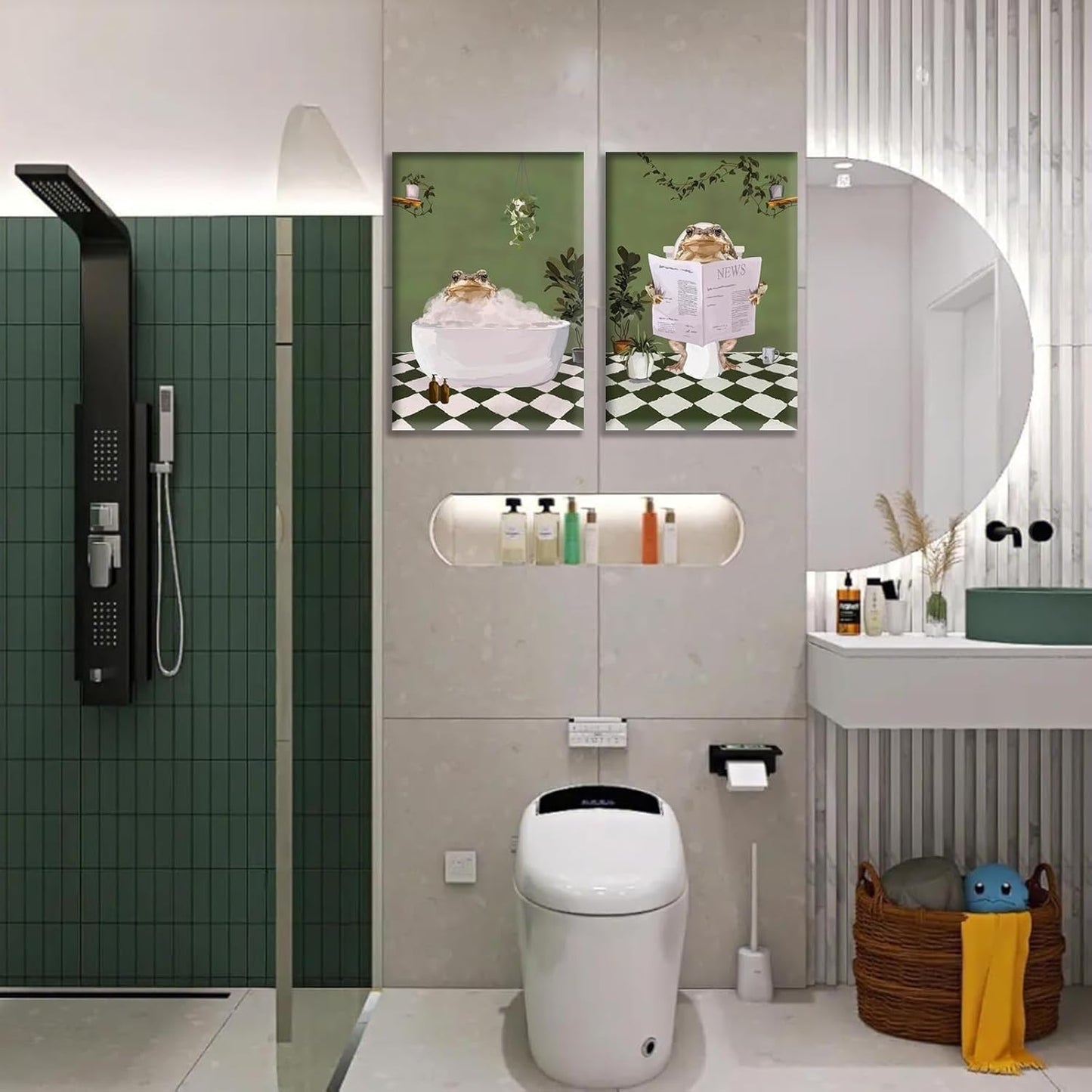2Pcs Bathroom Frog Wall Art Creativity Aesthetic Maximalist Green Posters Pictures Frog in Bathtub Canvas Painting Funny Retro Eclectic Animal Reading Newspaper Prints Humor Toilet Wall Decor Framed