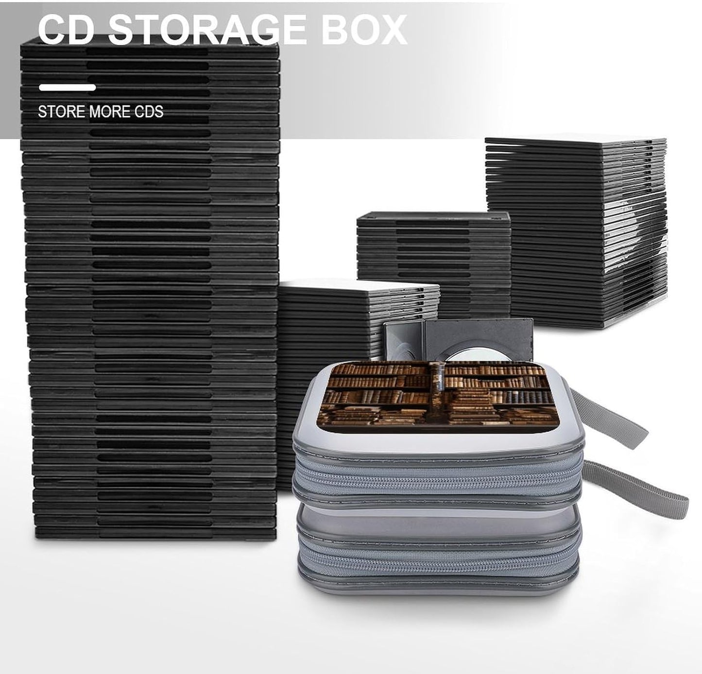 Old Books in Library CD Case Portable Zipper CD Cases Holder Hard Plastic DVD Disc Cases Storage Binder Large Storage Disc Wallet Bag Heavy Duty Booklet Album 40 Capacity