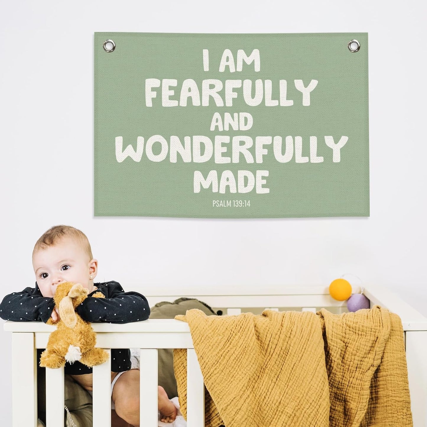 Christian Inspirational Kids Banner Canvas, Bible Verse I'm Fearfully Made Toddler Room Decor, Sage Green Hanging Flag Sign, Nursery Wall Tapestry Art for Playroom Bedroom Classroom 20x30in