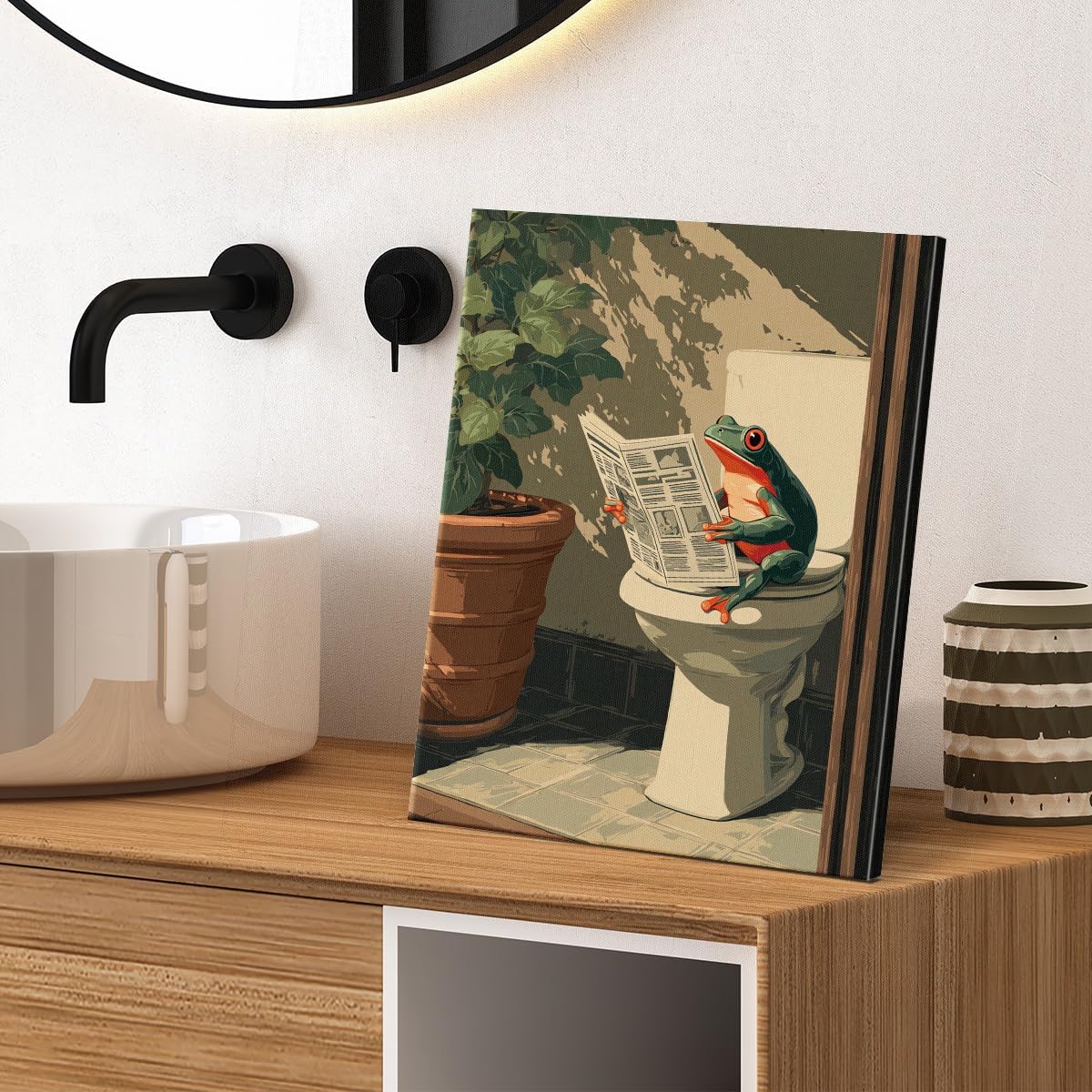 Funny Frog Print Bathroom Wall Art - Frog Reading Newspaper on Toilet Picture Poster Artwork Vintage Bathroom Wall Decor 8x10 Canvas Framed