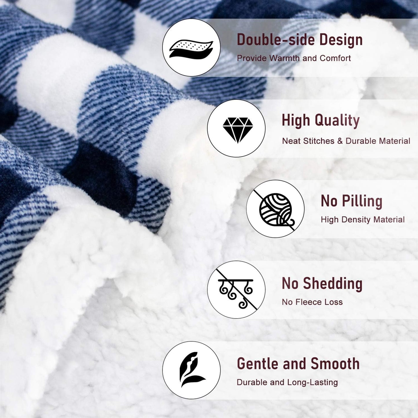 BEAUTEX Sherpa Fleece Throw Blanket, Super Soft Warm Buffalo Plaid Plush Blankets and Throws, Lightweight Cozy Fuzzy Blanket for Couch Sofa Bed (NavyBlue, 50" x 60")
