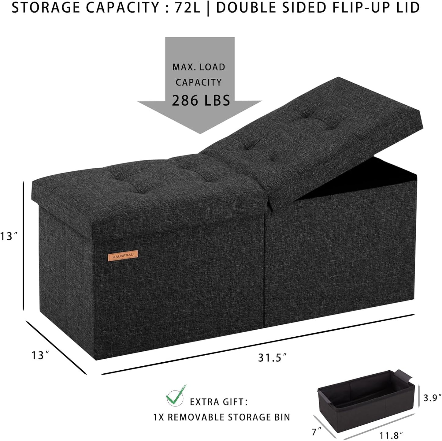 HAUSFRAU 31.5 Inches Ottoman with Storage, Folding Ottoman Bench Small Foot Rest Stool, Bedroom Bench with Flipping Lid, Linen Black