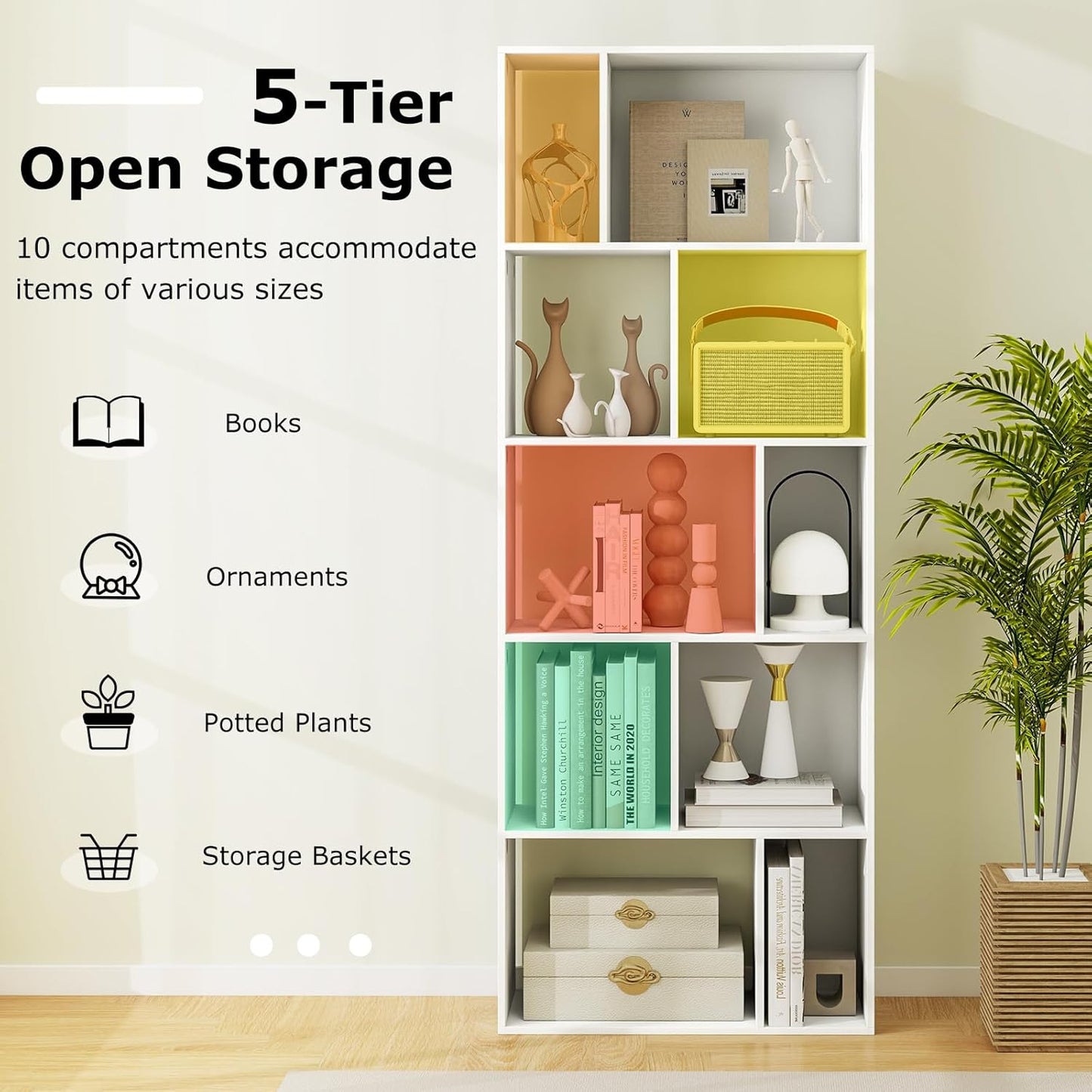 GOFLAME 5-Tier Geometric Bookcase, 63” Tall Freestanding Bookshelf with 10 Open Cubbies, Anti-Toppling Kits, Modern Cube Storage Organizer for Living Room, Bedroom, Home Office, White