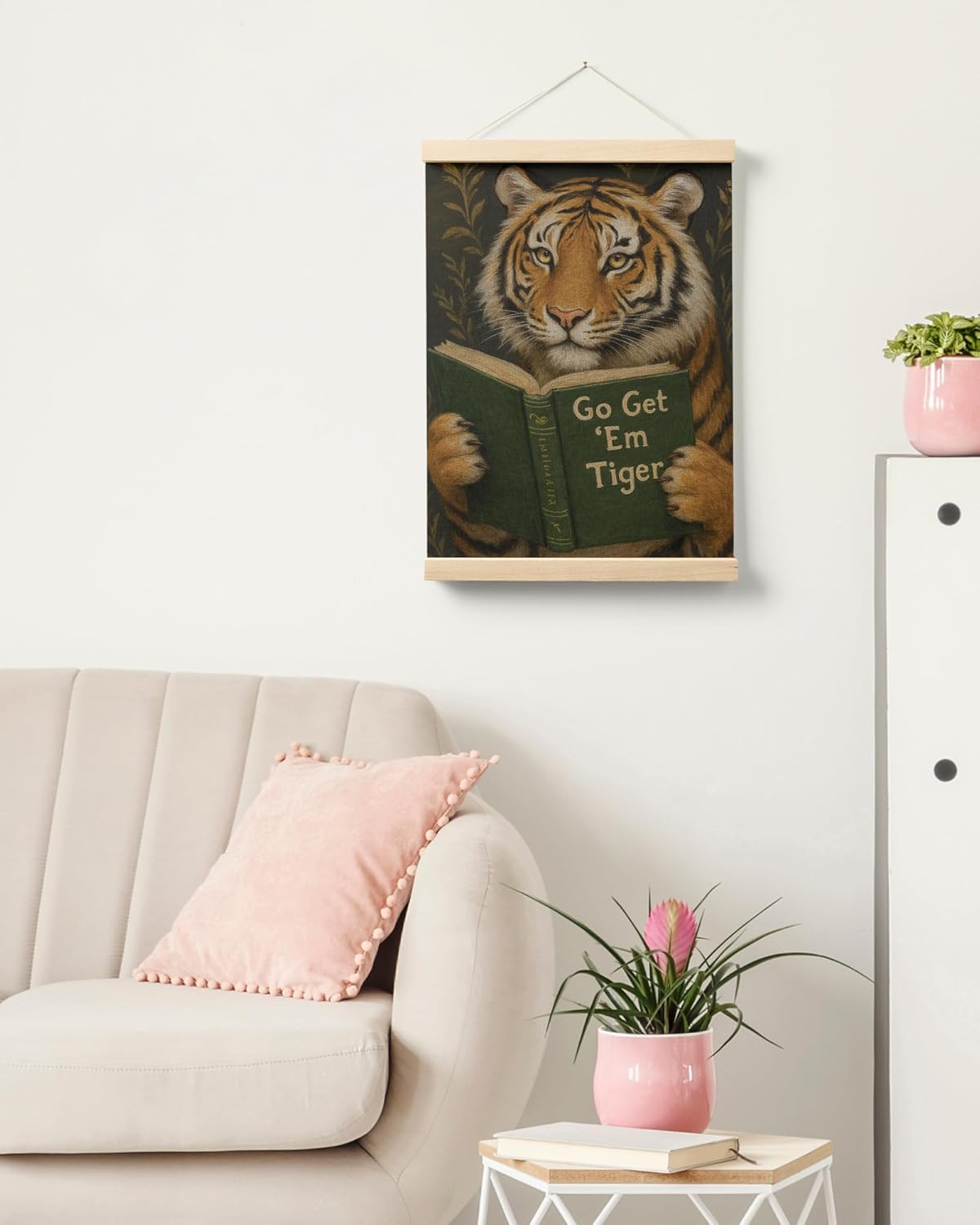 FGFK Vintage Motivational Tiger Reading Wall Art Poster Hanger Frame, Go Get Em Bookish Tiger Funny Animal Canvas Prints Framed Wall Decor for Home Kids Bedroom Room Dorm, 12x16 Inch