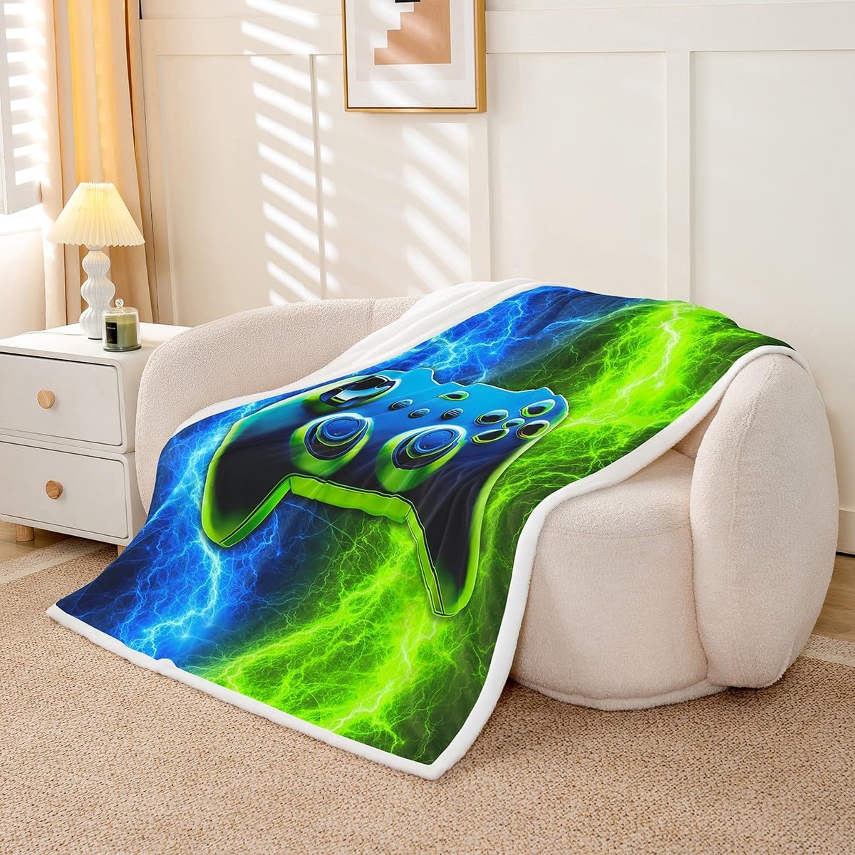 Manfei Modern Gamer Throw Blanket Blue-Green Lightnings Gamepad Blanket for Couch Sofa, Video Games Bed Blanket for Kids Boys Room Decor, Soft and Breathable Fleece Blanket(60 x 80 Inches)