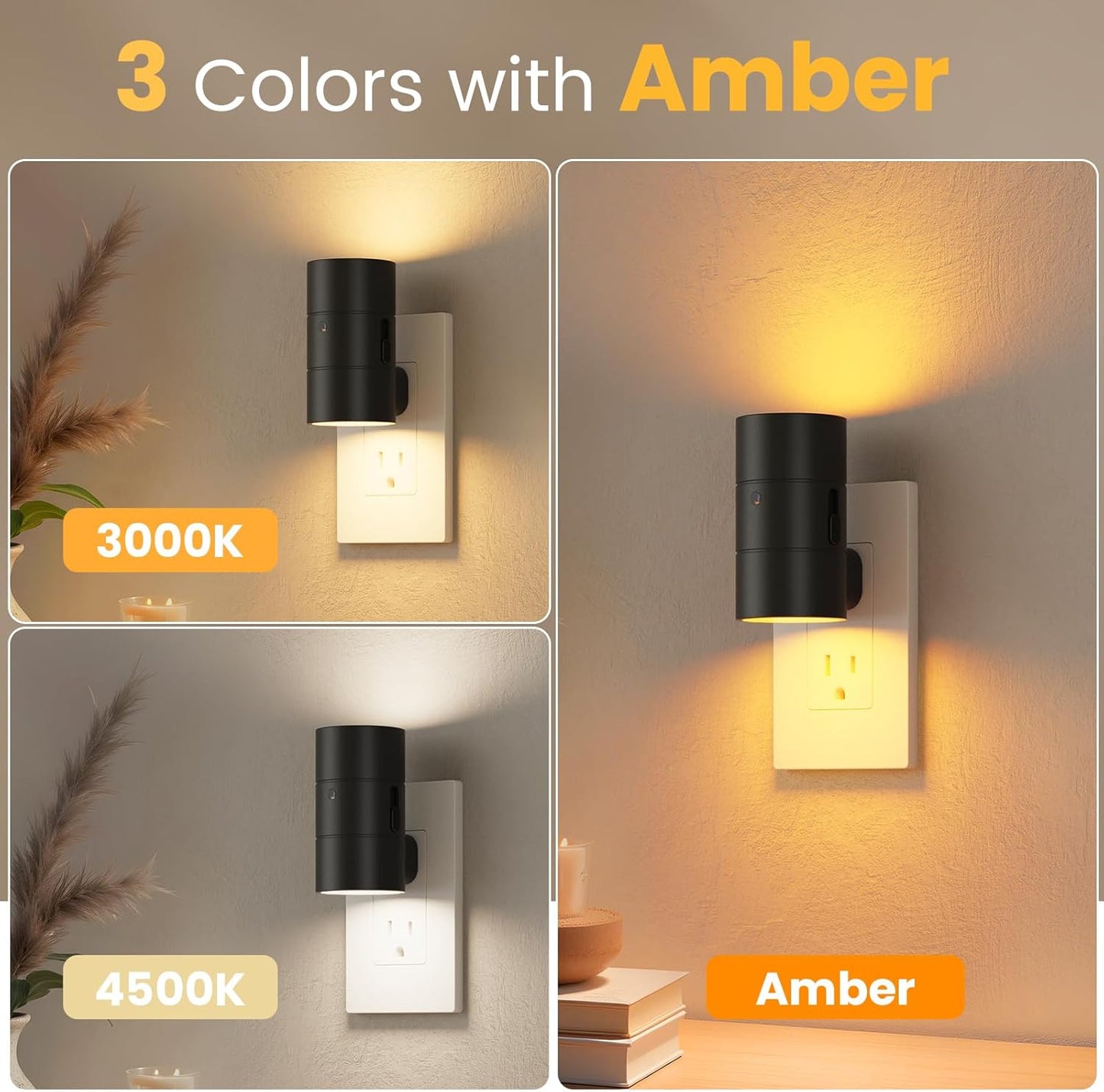 VOLISUN Night Light, Dimmable Led Night Lights Plug into Wall, Amber/3000K/4500K, 0-100LM Adjustable Brightness, Dusk to Dawn Nightlight for Hallway, Bathroom, Bedroom Black 2 Pack
