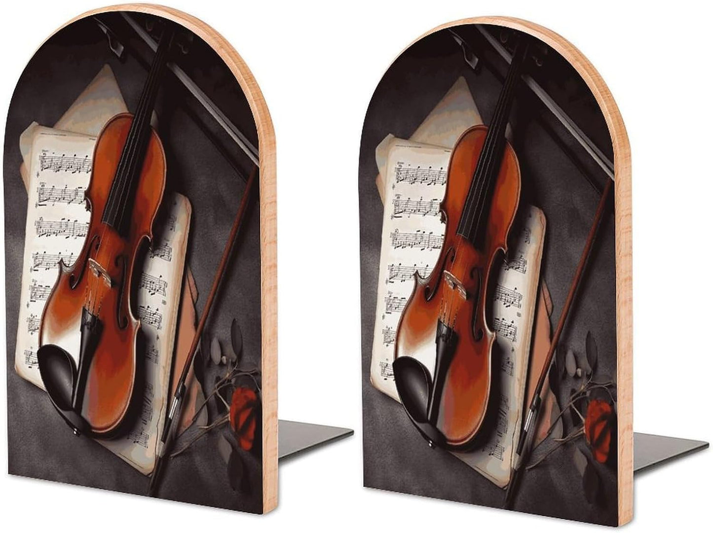 Violin Sheet Music Bookend for Shelves Wooden Book End Large Size Sturdy Book Holders Stoppers with Metal Base for Bookshelves Slick Decorative Bookends Stands