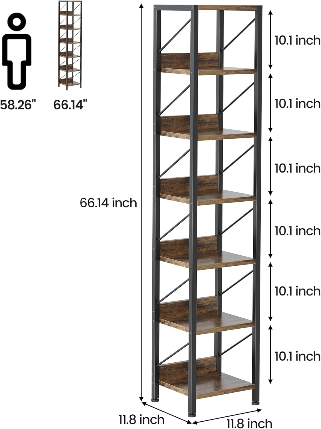 IDEALHOUSE Narrow Bookshelf Tall Skinny Bookcase 6 Tier Storage Rack Rustic Corner Shelf Metal Frame Small Freestanding Bookshelves Industrial Display Stand for Bedroom, Living Room, Home Office