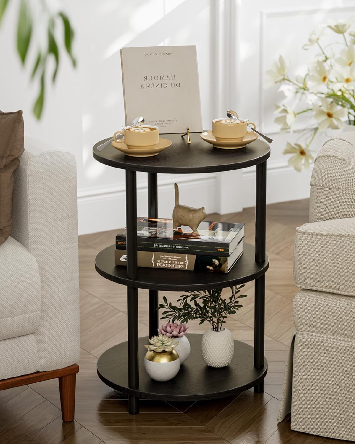 Small Round End Table - 3 Tier Design Accent Table, Narrow Side or Bedside Stand, Industrial Vintage Nightstand for Bedroom, Living Room, or Small Spaces, Charcoal Wenge