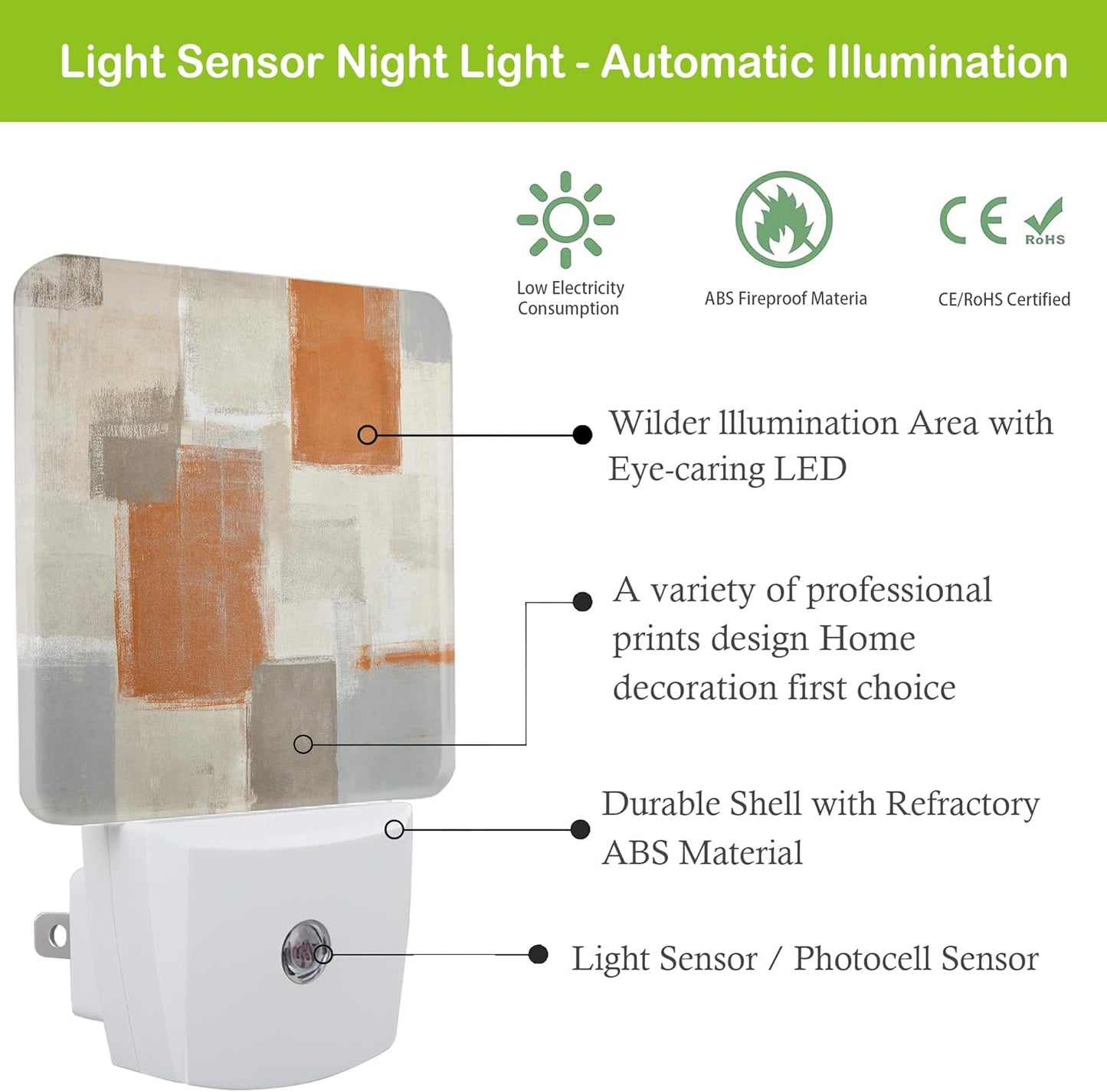 Orange and Grey Night Light, Dusk to Dawn Sensor Abstract Art Painting Night Lights for Bedroom Bathroom Kitchen Hallway Stairs Hallway, Plug into Wall Nightlights