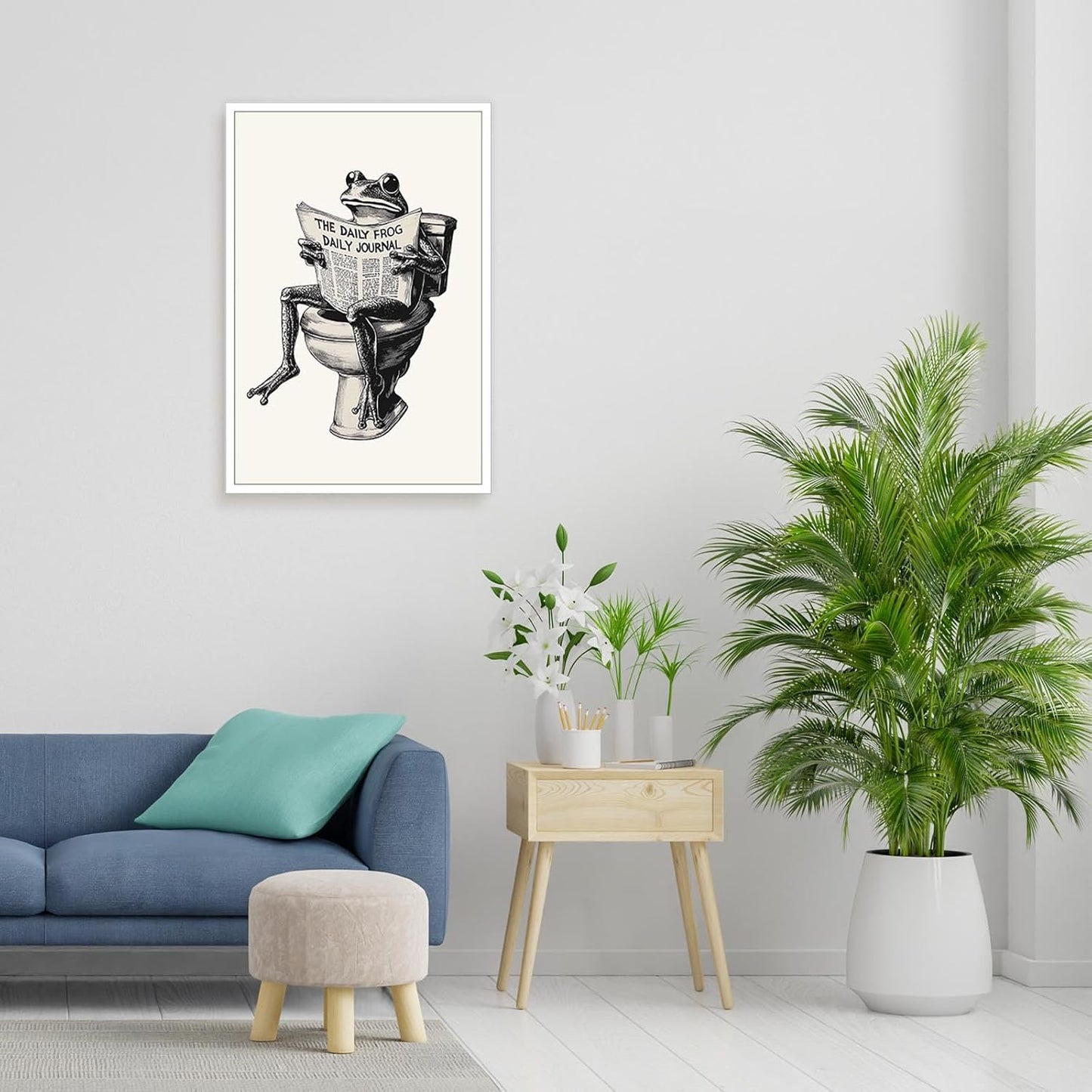 FBKDVC Bathroom Frog Poster Funny On Toilet Canvas Wall Art Black And White Funky Reading Newspaper Print Quirk Animal Picture For Restroom Guestroom 16x24in Unframed