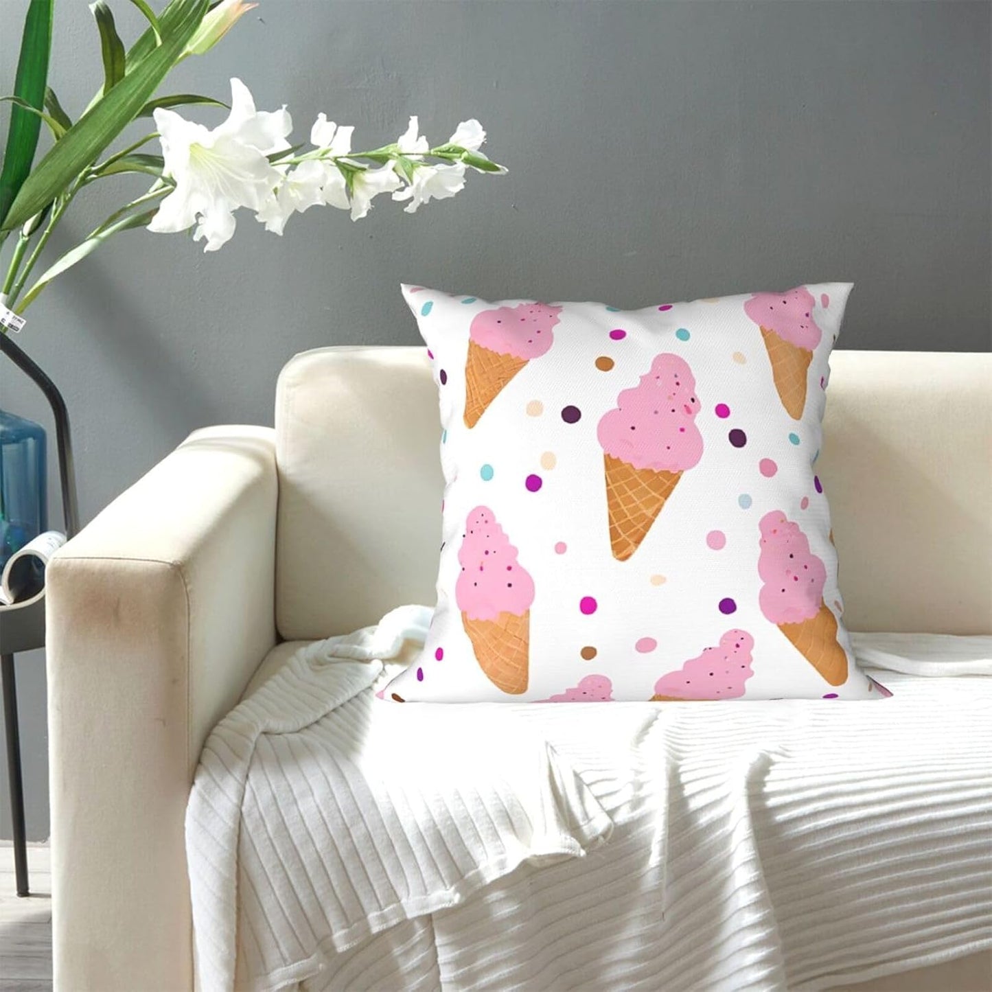 All-Season Square Pillow Covers 18"X18", Ice Cream Cones, Decorative Throw Pillow Covers for Sofa Bed Couch, Hidden Zipper Cushion Cover, Square Lumbar & Accent Pillowcases for Home Decor