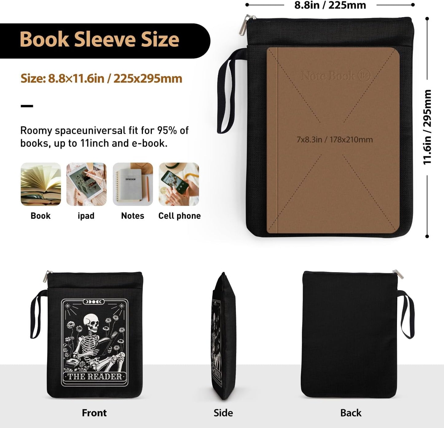 Dark Academia Gifts for Book Lovers - The Reader Skeleton & Floral Book Sleeve | Vintage Waterproof Cover for Poe/Lovecraft Fans (Library Approved)
