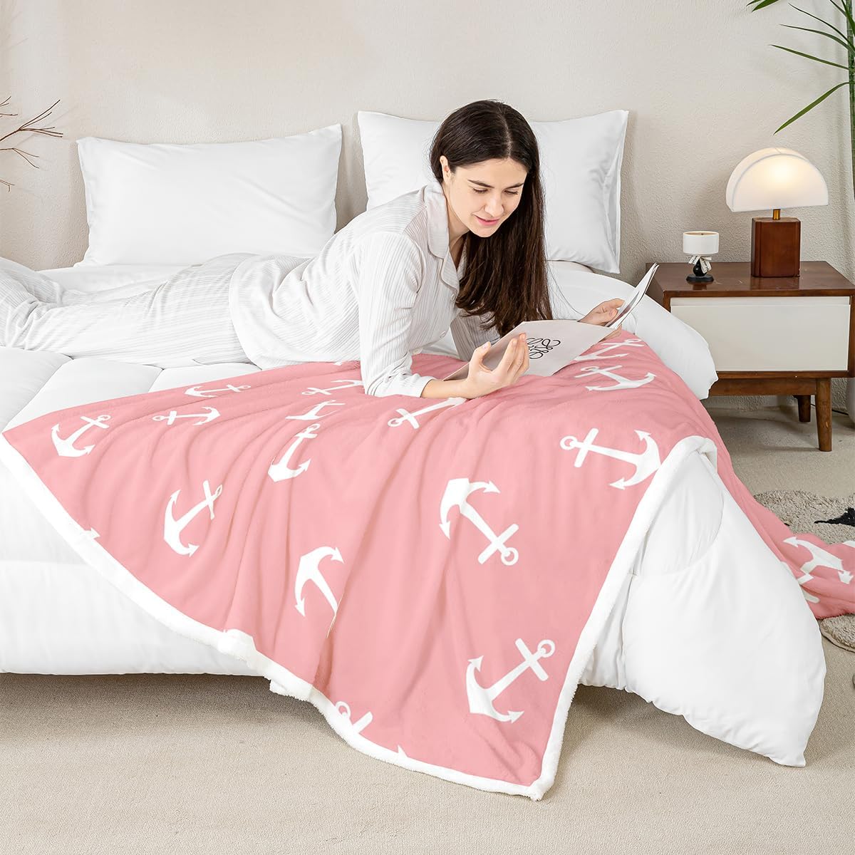 Manfei White Anchor Kids Throw Blanket Ocean Sailboat Pink Bed Blanket for Girls Teens Adults Room Decor, Nautical Theme Blanket for Couch Sofa, Soft and Breathable Fleece Blanket(40 x 50 Inches)