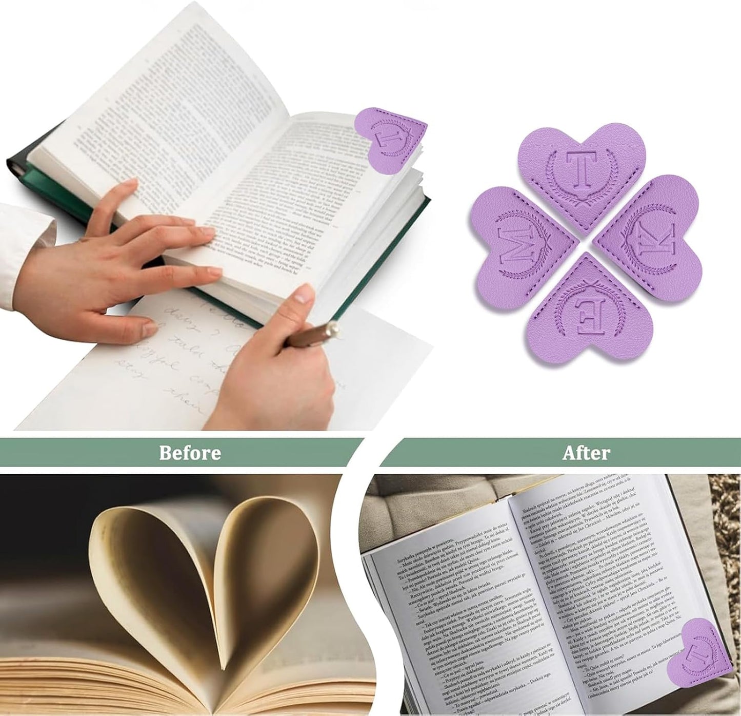 XIANGYUAN Personalized Leather Heart Bookmark with Initial,Cute Bookmarks 26 Letters Corner Book Marks for Reading Women,Men, Kids,Book Accessories for Book Lovers Gifts(Purple T)