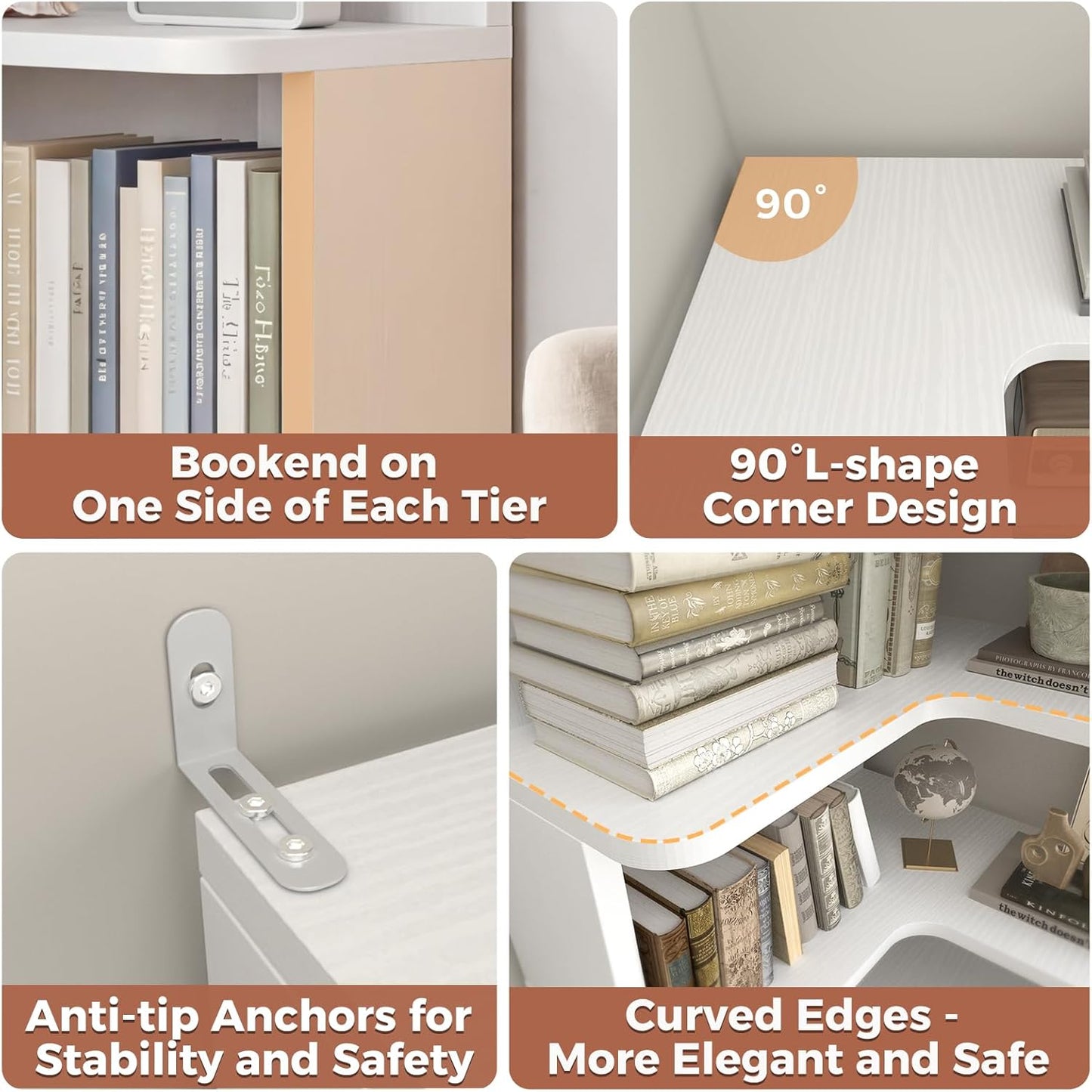 Corner Book Shelf, 6-Shelf Corner Bookshelf for Small Corner Spaces, L-Shape Bookcase Corner Display Shelf for Home Office, Living Room, Bedroom, White