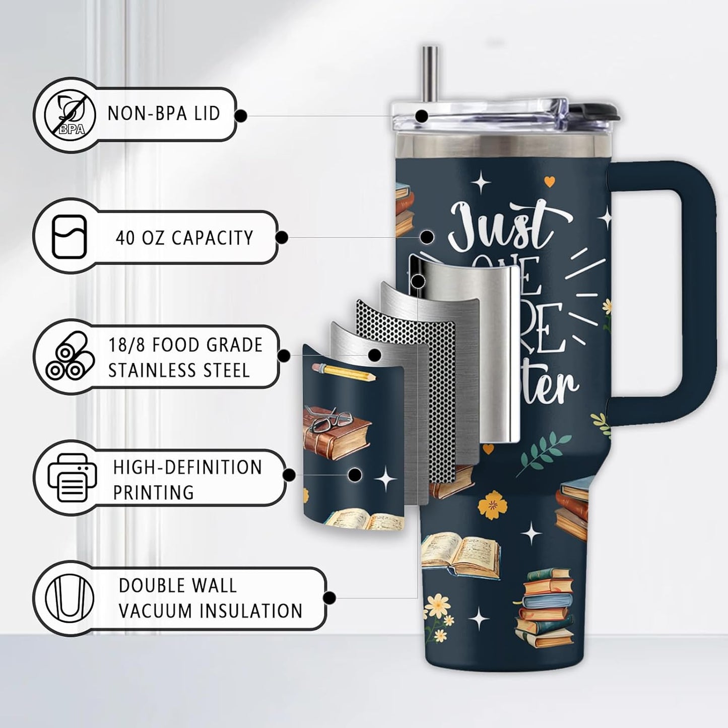 Book Lover Gifts for Women, 40 Oz Just One More Chapter Tumbler with Handle & Straw, Gift for Readers, Birthday Thanksgiving Christmas Presents for Books Lover, Book Tumbler, 1 PCS