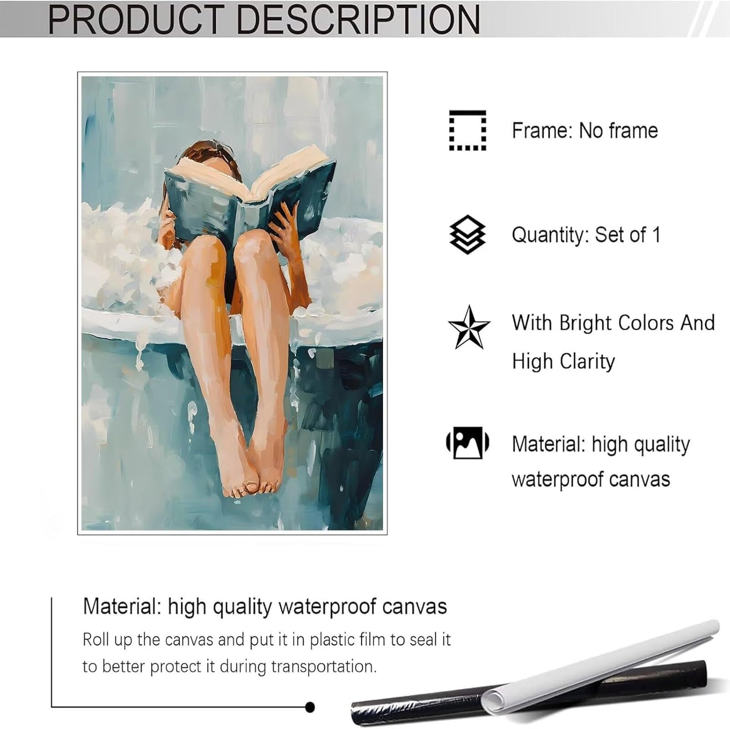 Woman Reading in Bath Tub Wall Art Modern Relaxing Bathroom Canvas Prints Vintage Minimalist Spa Poster Painting Trendy Whimsical Accent Aesthetic Picture Decor for Washroom 12x16inch Unframed