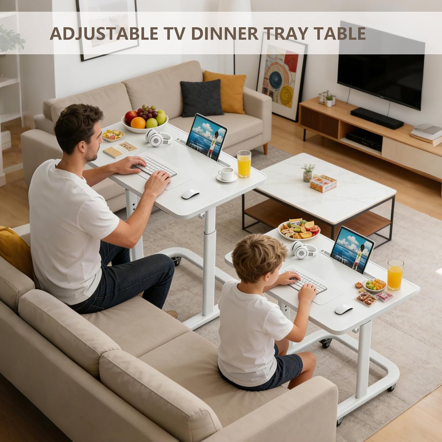 TV Dinner Tray Table,TV Trays for Eating on Couch,Height Adjustable TV Tray Table with Wheels,C Shaped End Table with Slot,Standing Rolling Laptop Desk&Wooden Snack Tray for Bed&Sofa&Recliner