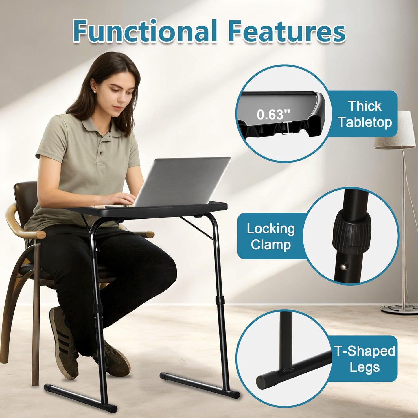 Max XL Pro Adjustable Folding TV Tray Table, XL Large Portable TV Table with 6 Height Adjustable, Laptop, Snacks, Black
