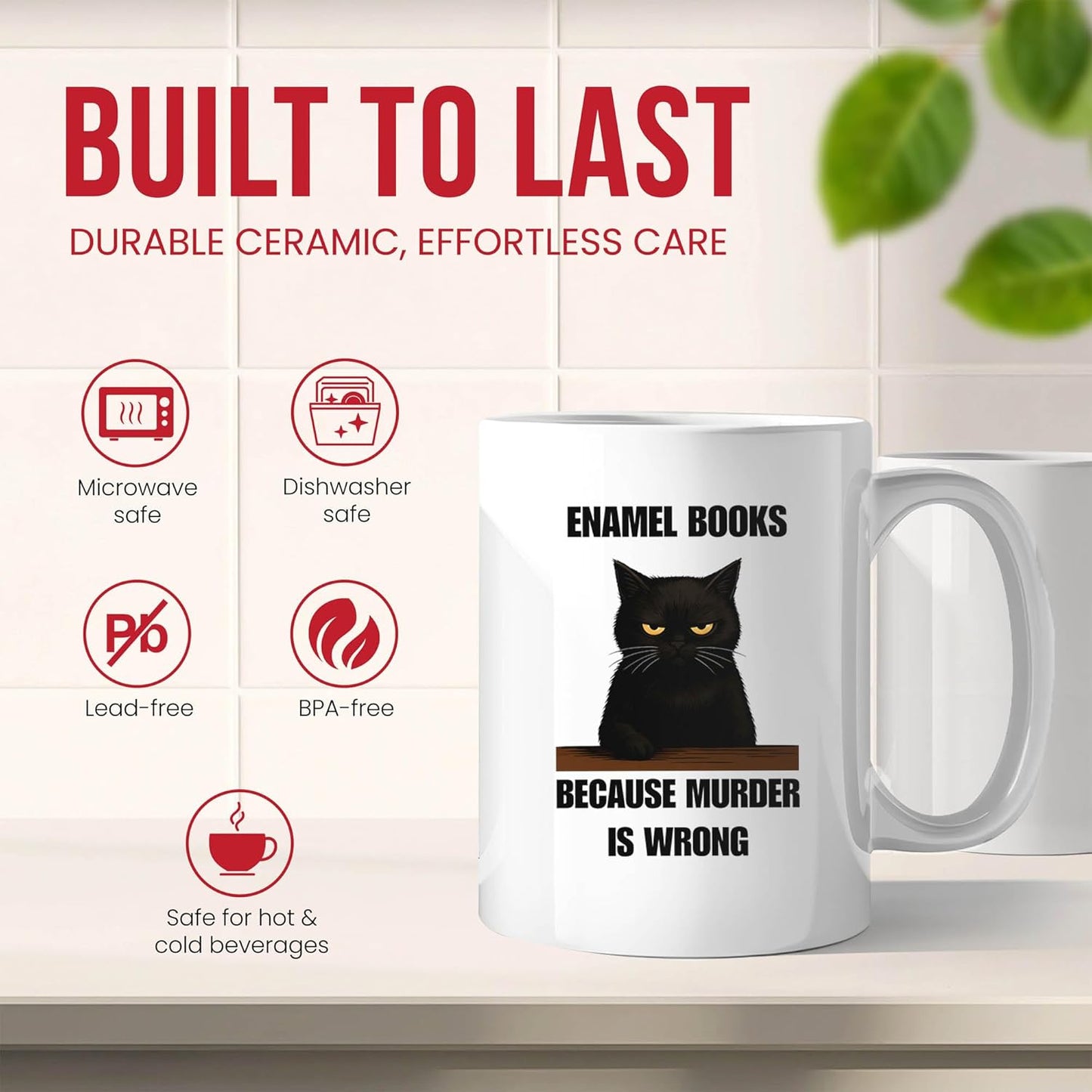Enamel Books Because Murder Is Wrong Mug - Bookworm Coffee Cup - Literature Lover Funny Gift From - Reading Enthusiast Tea Mugs - Quirky Cups - 11 Oz Ceramic Gifts For Hobby Enthusiasts, Birthday