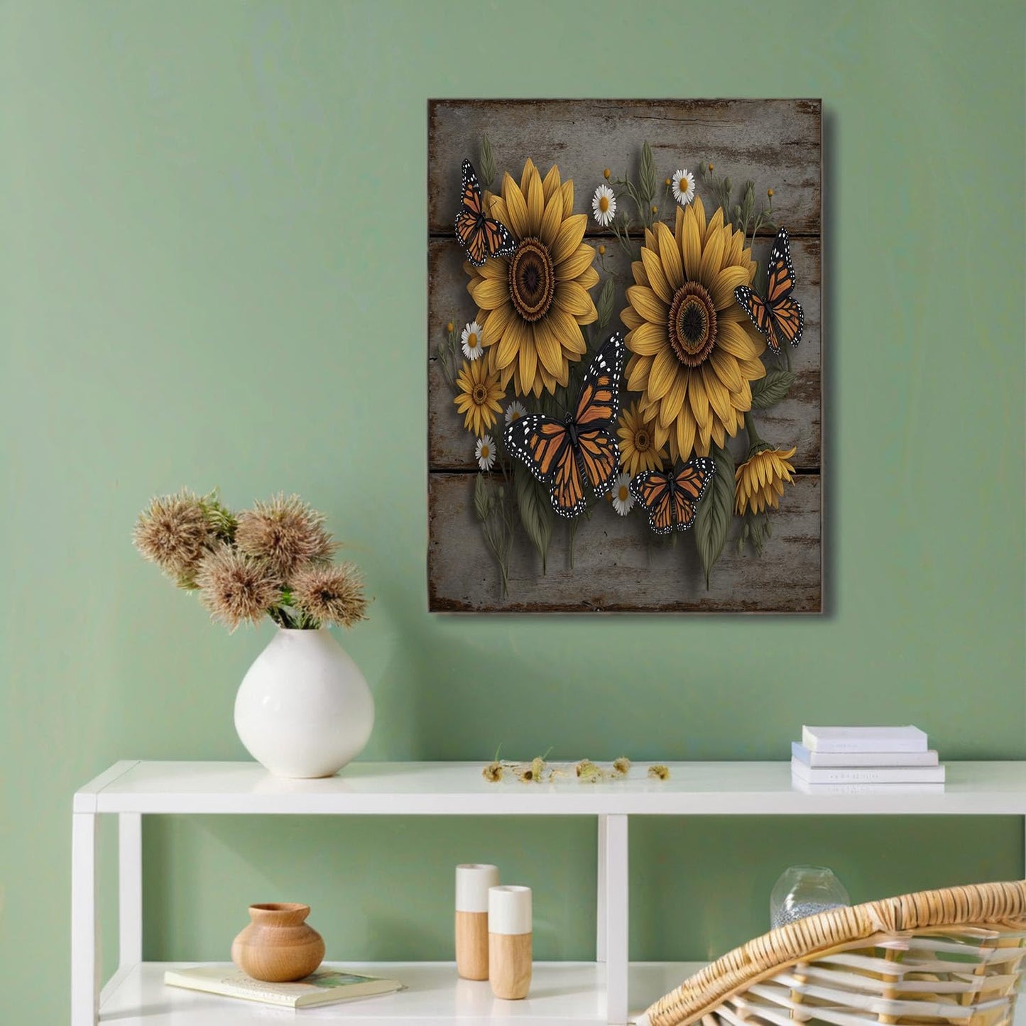 GDJSMIN Rustic Wooden Wall Wall Art, Sunflower Butterfly Illustration Poster for Reading Room Living Room Decor 12x 16 inch Unframed