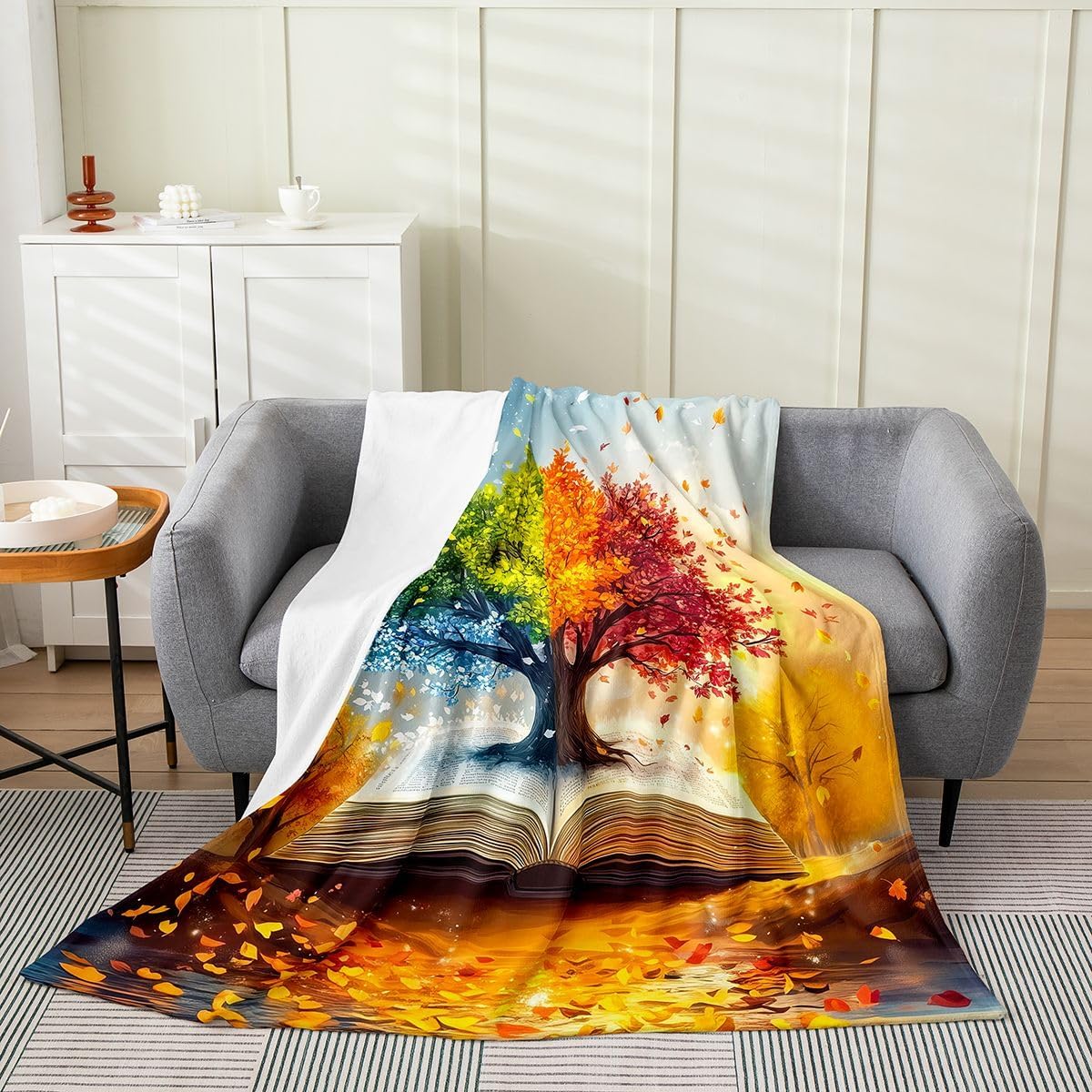 Manfei Life Tree Throw Blanket Lightweight Book Reading Lover Soft Cozy Fluffy for Bed Sofa Couch All Seasons Rustic Style Fall Leaves Bedroom Decor Plush 30"x40"Orange Blue