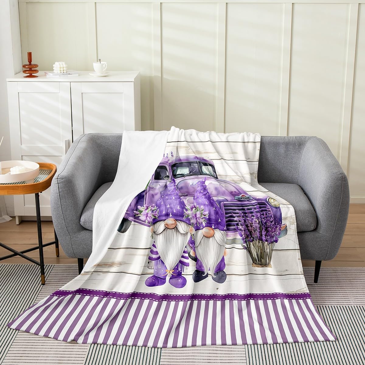 Purple Car Gnomes Fleece Blanket,Lavender Flower Plant Plush Blanket for Kids Teens,Lovely Room Decor,Purple Stripe Geometric Flannel Blanket,Twin 60"x80"