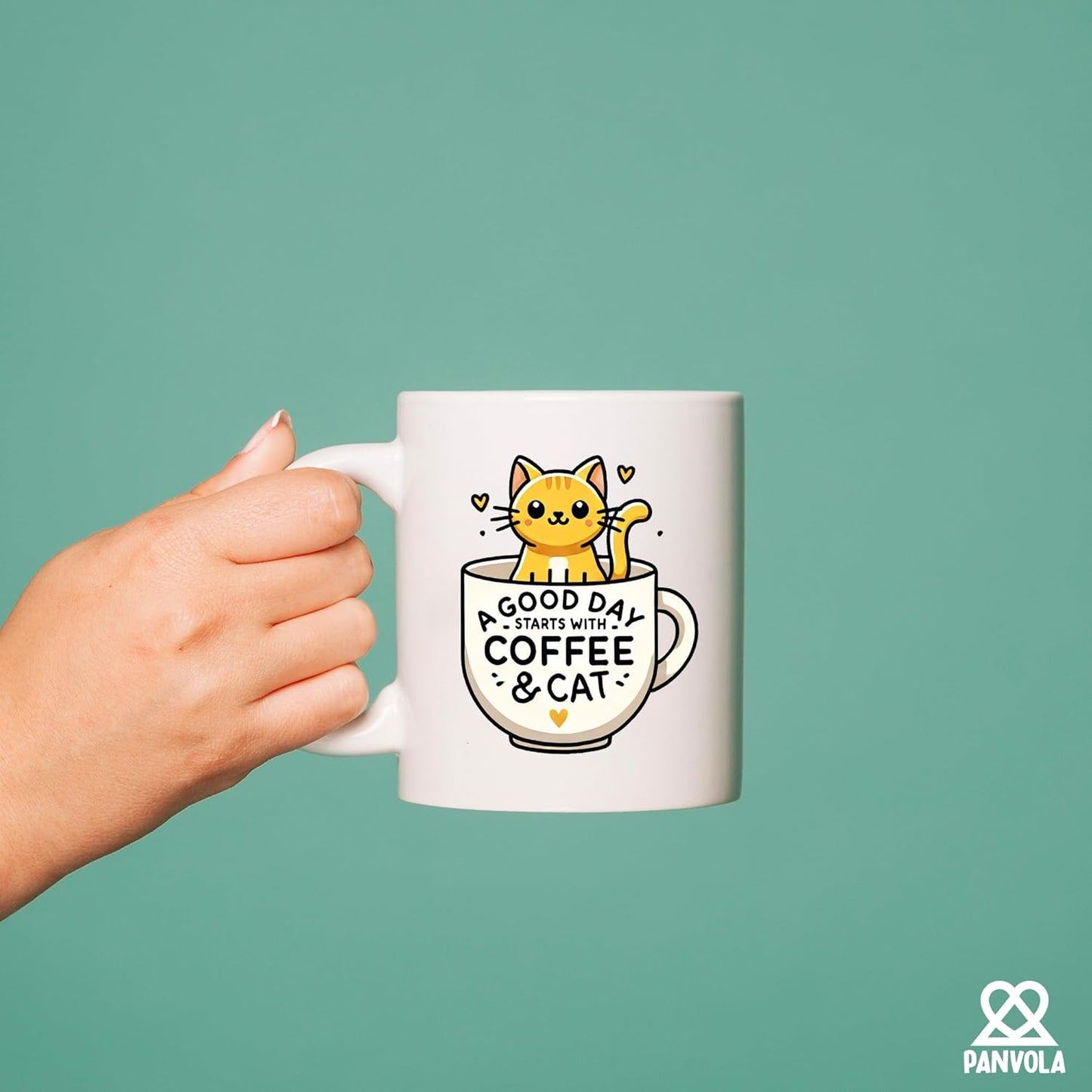 Panvola A Good Day Starts With Coffee and Cat Cute Cat Gifts for Coffee Lover Girlfriend Boyfriend Sister Brother Friend Pet Owner Mom Dad Ceramic Mug 11 oz White