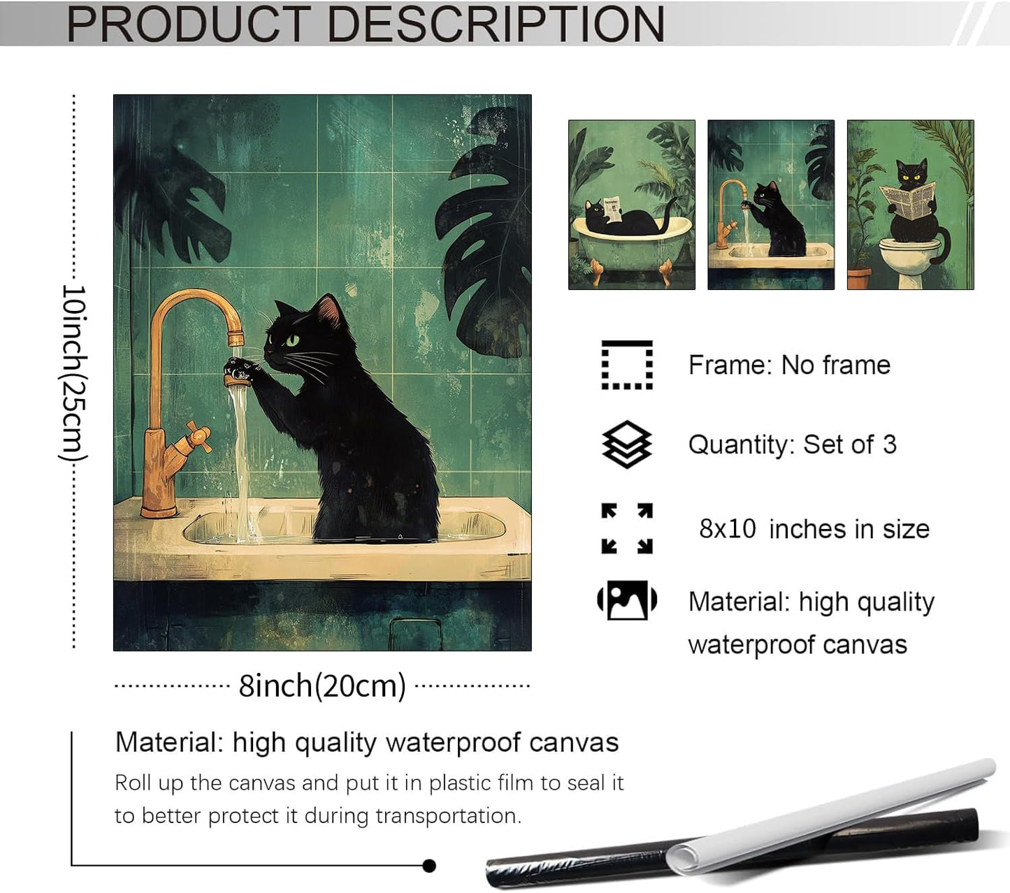 FuSatisYilife Fun Bathroom Black Set of 3 Cat Wall Art Funny Cat Wash Its Paws Reading Newspaper Poster Retro Animal in Bathtub Canvas Prints for Restroom Toilet Wall Decor 08x10 inch Unframed