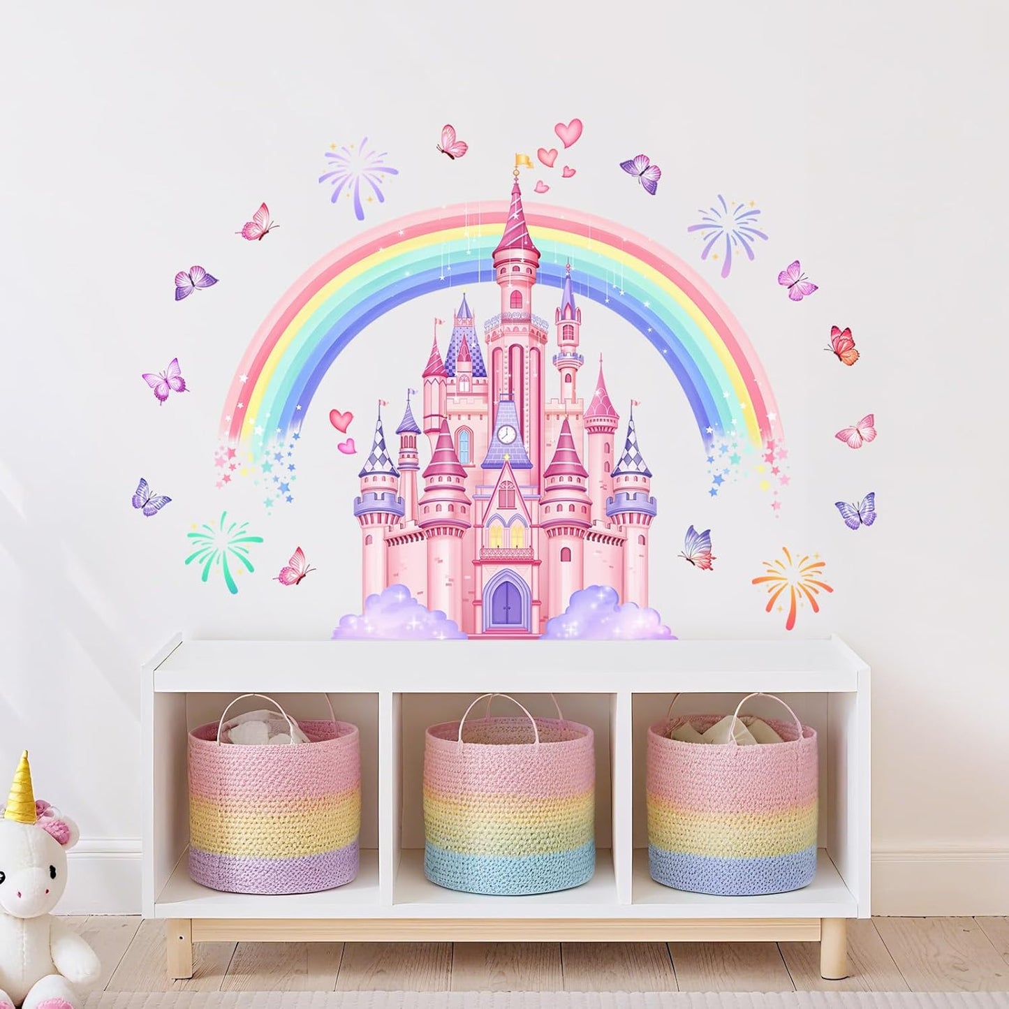 Rainbow Castle Wall Stickers, Watercolor Fireworks Butterflies Wall Decals Peel and Stick Wall Decal Self Adhesive Home Decor for Girls Nursery Kids Room