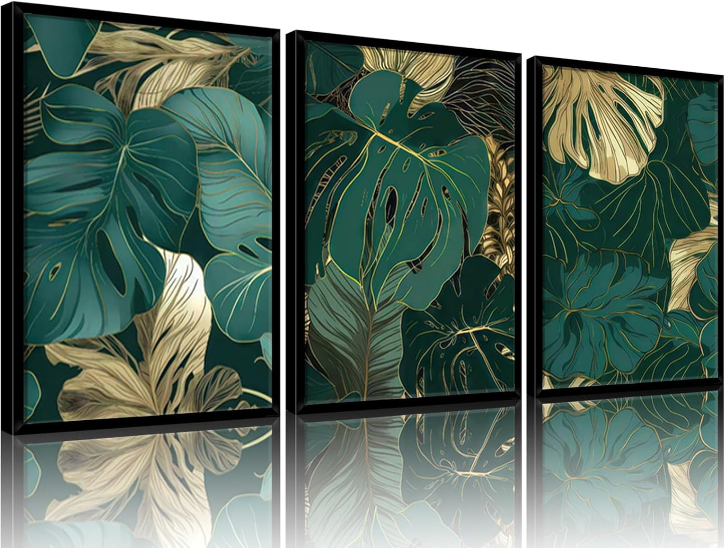 Framed Gold Green Wall Art Set of 3 Tropical Botanical Picture Emerald green Leaf Painting Prints Wall Decor with Black Frame Modern Plant Poster for Living Room Bedroom Bathroom Office 16x24Inch