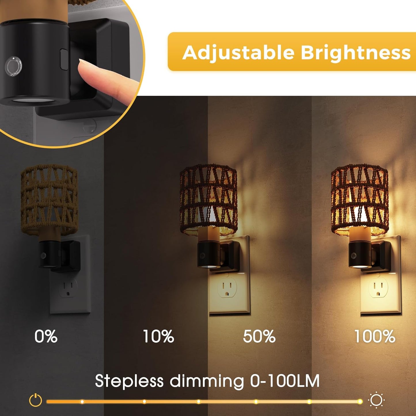 L LOHAS LED Night Lights Plug into Wall, Cylindrical Ironwork Boho Lampshade Decor Night Light, 350° Rotatable Dusk to Dawn Sensor Vintage Nightlight, Dimmable for Bedroom Living Room Hallway
