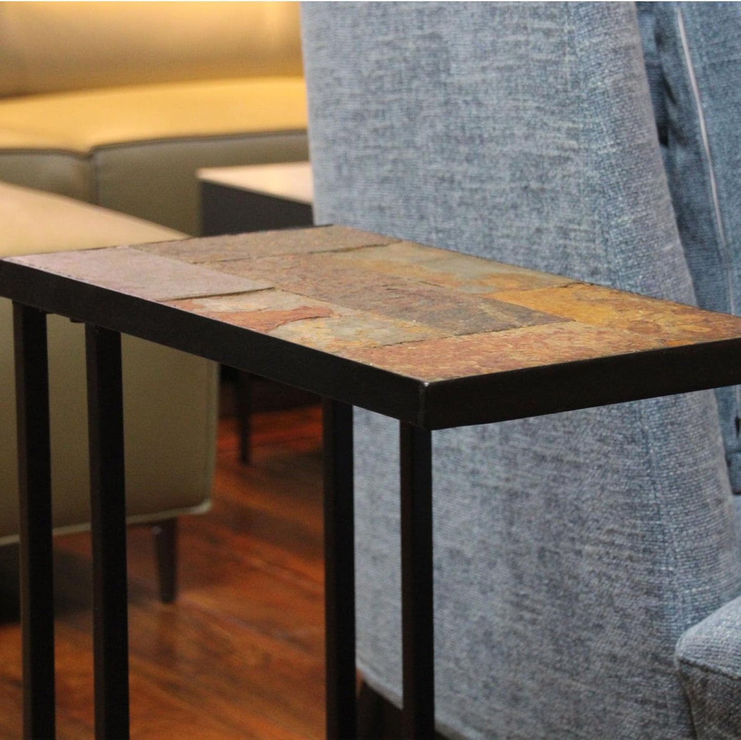 Zhongma Couch Tray Table,C-Shap End Table with Slate Table Top, Solid Real Stone, Side Table,Accent Table for Small Spaces