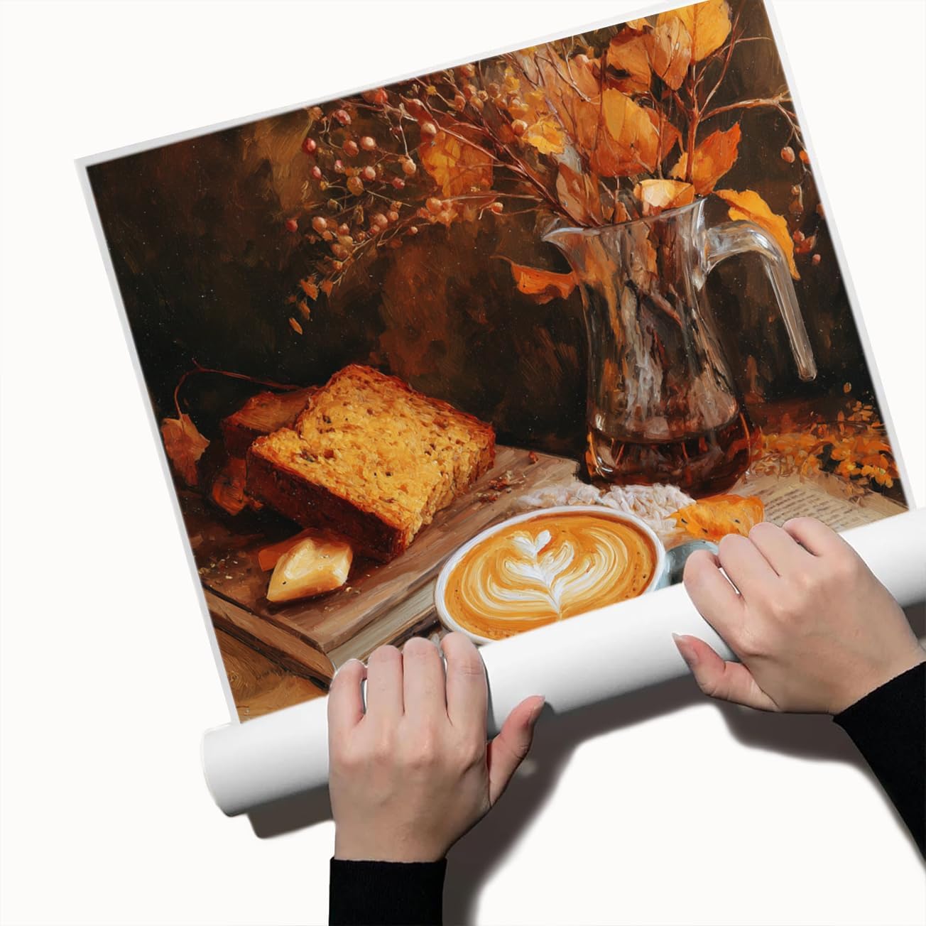 Autumn Coffee Still Life Wall Art – Cozy Fall Latte and Sweater Canvas Print with Bread, Leaves, and Books for Seasonal Kitchen or Reading Nook Decor-12x16Inch Ready to Hang (Unframed)