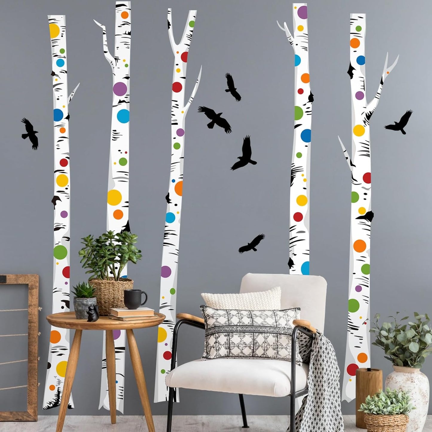 Birch Tree Wall Decals – Colorful Polka Dot Birch Tree Stickers for Aisle Bedroom Office Sofa TV Backdrop, Removable Peel and Stick Decal, Easy DIY Home Décor (5 Trees, H63)