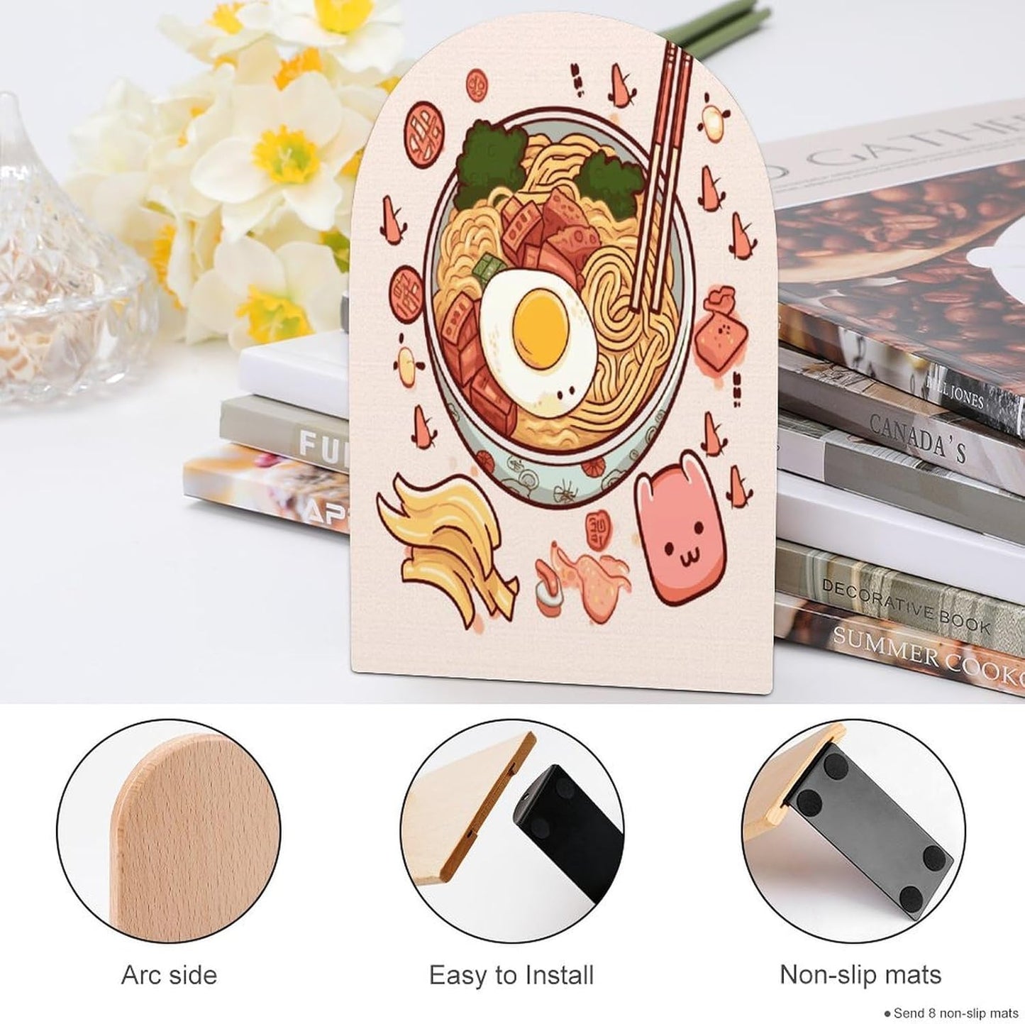 Delicious Sweet Ramen Bookend for Shelves Wooden Book End Large Size Sturdy Book Holders Stoppers with Metal Base for Bookshelves Slick Decorative Bookends Stands