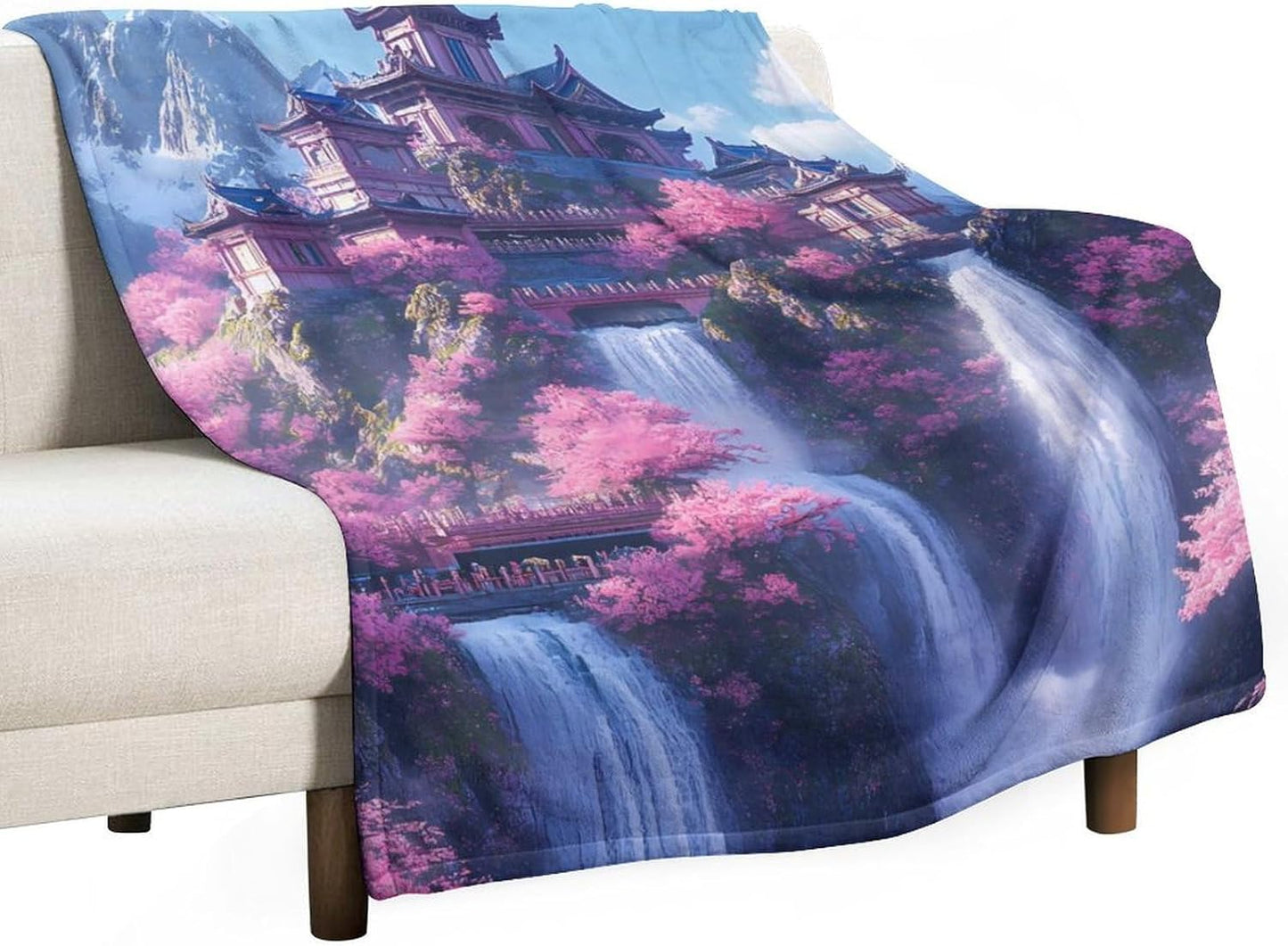 Japanese Building On Mountains Waterfall Throw Blanket for Couch Bed Plush Cozy Fuzzy Flannel Blanket for All Season 55"x70"