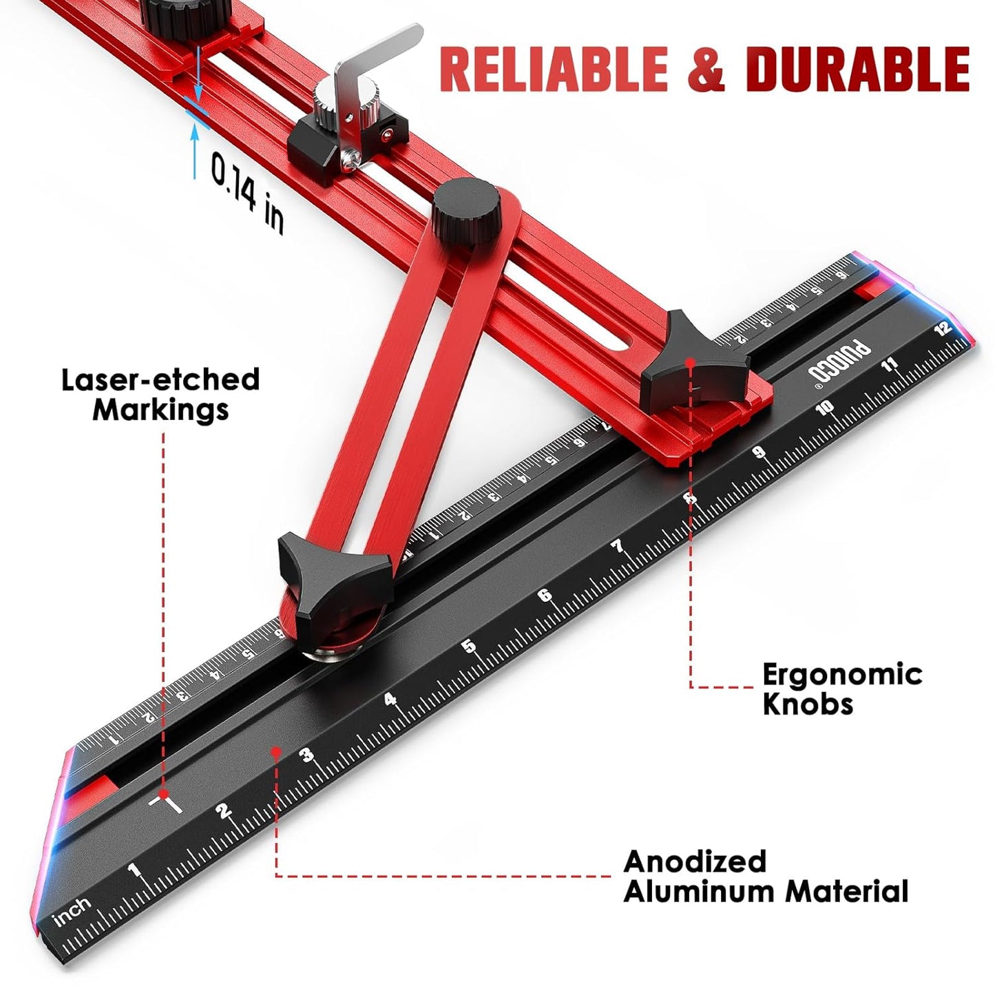 Stair Tread Template Tool, Stair Measuring Tool with Triangular Structure Brace and Edge Flip Stops, 8-72 in Solid Aluminum Alloy Stair Tread Jig for Accurately Measuring Stairs (Red)