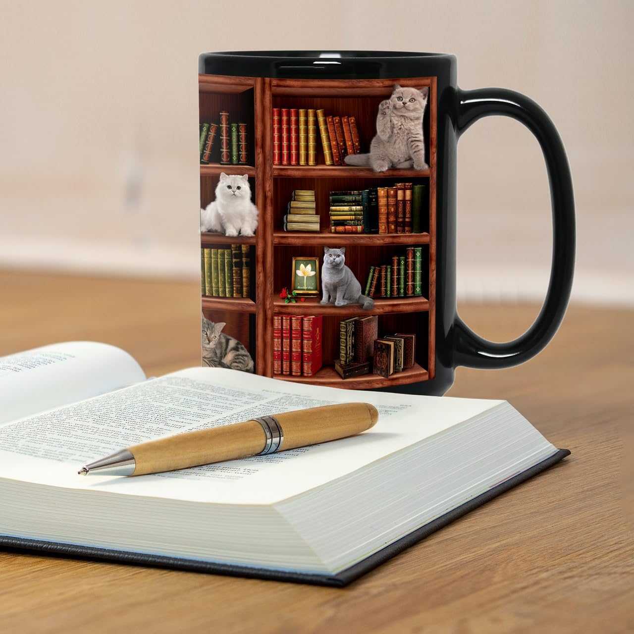 Cat Book Mugs - Coffee Mugs Lovers Gifts for Readers - Best Gift for Cat Lover - Reading Writer Women Tea Cups Library Bookshelf Mug 15oz - Black Chapter Book Mug(15oz-bookshelf)